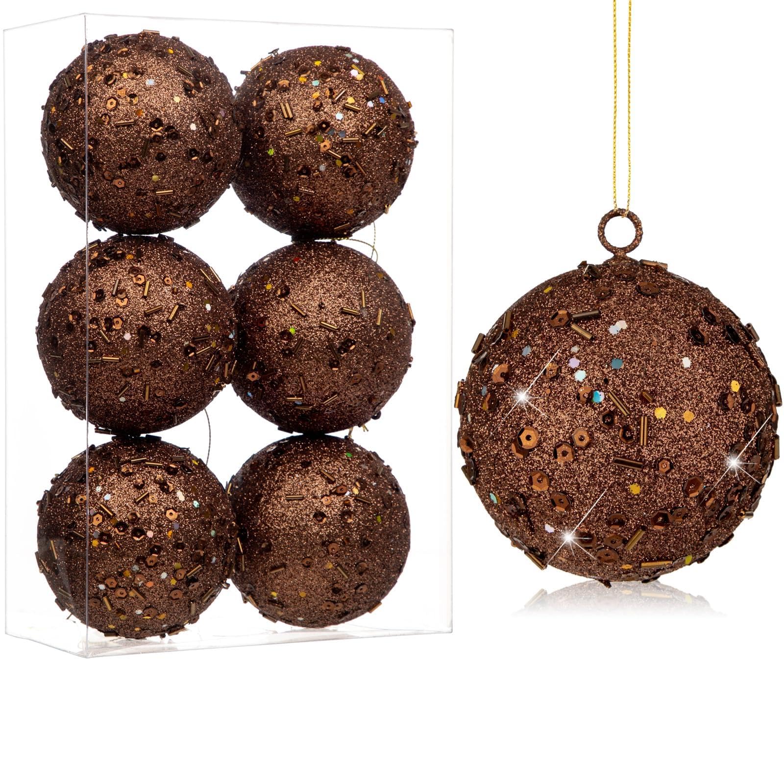 Oairse 8cm Large Christmas Bauble Ornaments 6 Pcs Shatterproof Big Bronze Bauble for Xmas Tree Glitter Christmas Tree Ornaments for Halloween Holiday Wedding Party Decoration