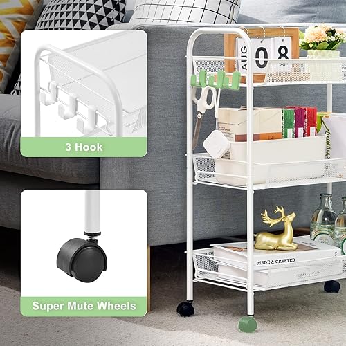 Miniatura 5 de TOOLF Paquete de carrito rodante de 3 niveles con carrito rodante de 4 niveles, carrito utilitario de metal con 3 ganchos, carrito de almacenamiento