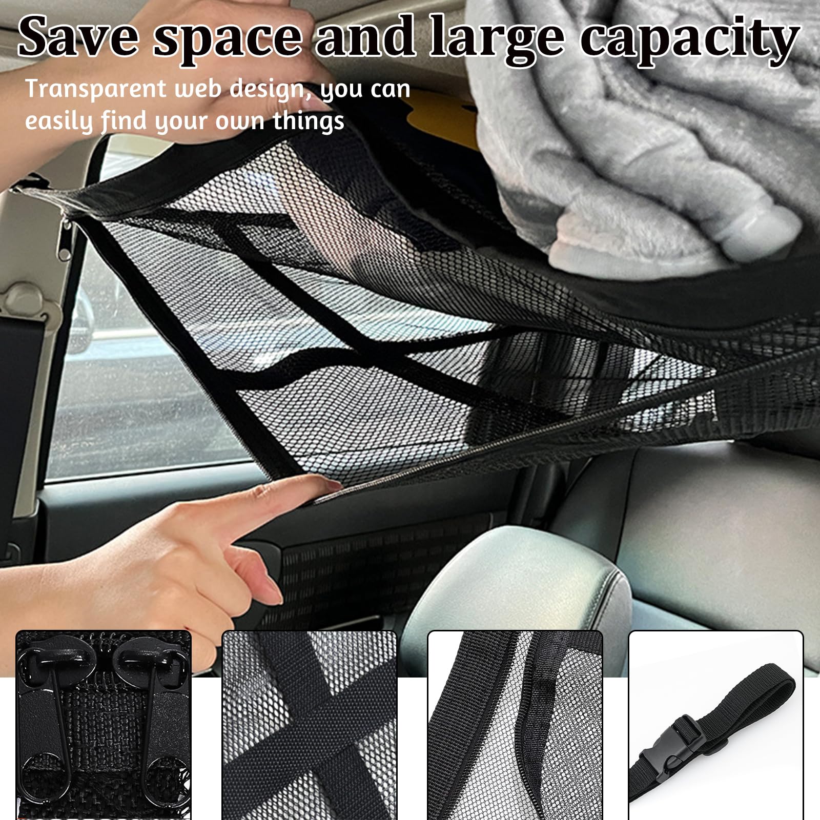 TOPJOWGA Rete da Auto Soffitto con 2 Ganci, Grande Capacità Auto da Soffitto, Rete Portaoggetti