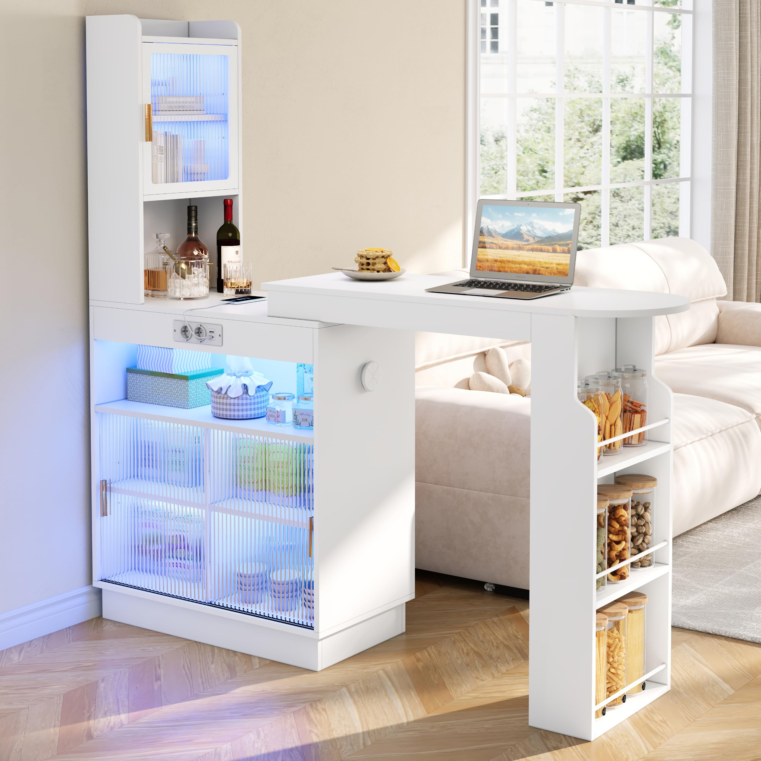 Table de Bar Extensible Mange-Debout avec Rangement Blanc 131-170 cm