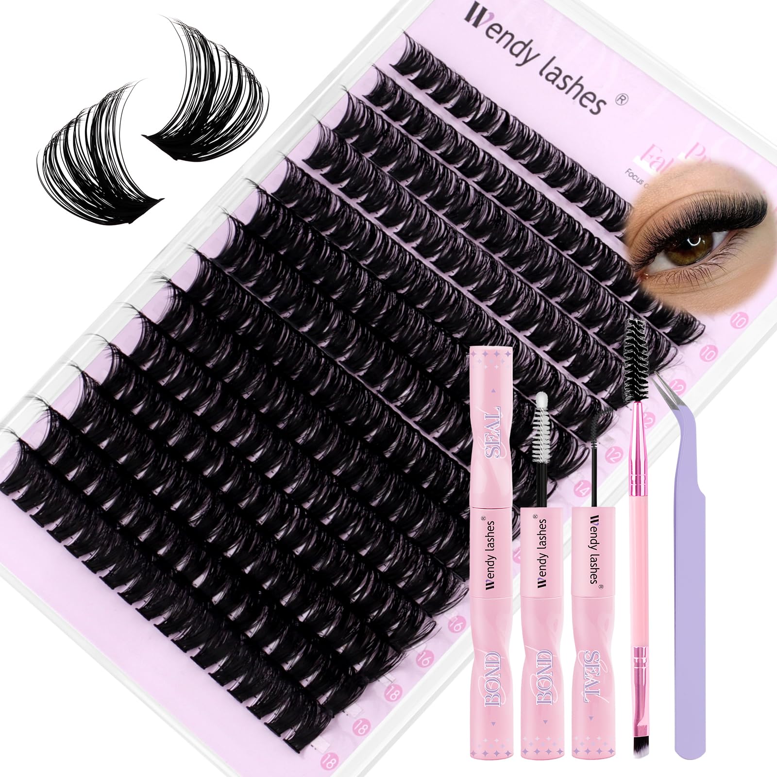 Lash Clusters Kit Natural Eyelashes Individual C-Curl Soft Cluster Lashes 80d 10-18mm Mixed Russian DIY Lash Extension Kit with Lash Bond and Seal(FK/KIT-80d-C-Mix1018)