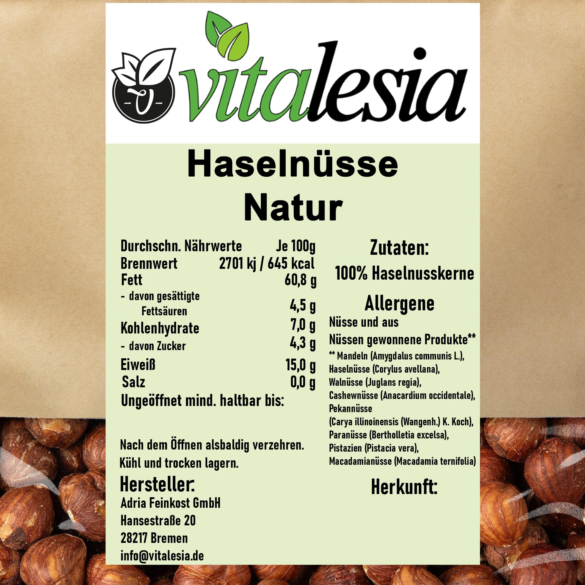 Vitalesia Haselnüsse 1kg | naturbelassen & ungeröstet | ganze Kerne mit Haut | ohne Zusätze | Premium Nüsse aus der Türkei | roh & ungeröstet | vegan