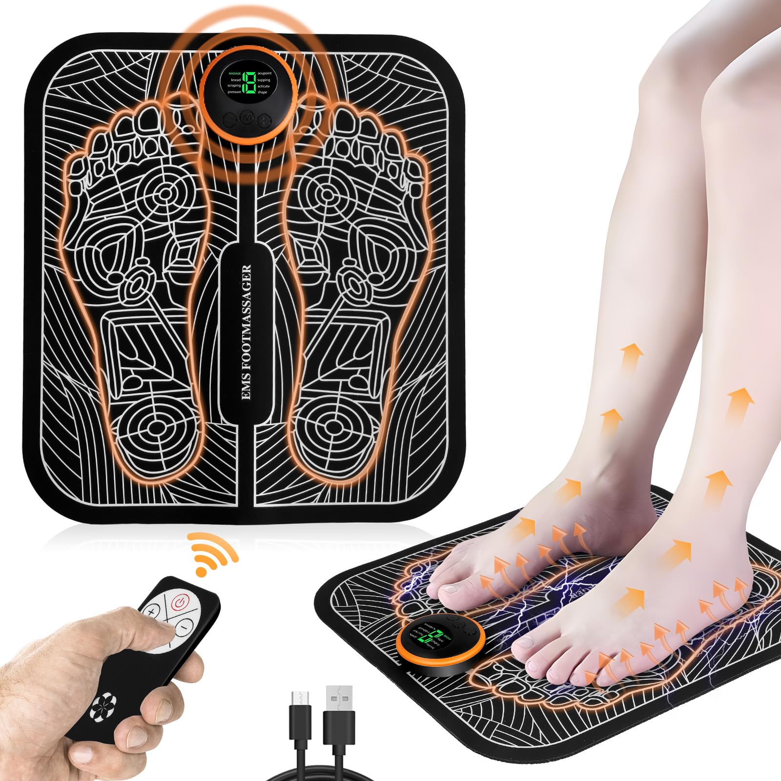 EMS Foot Massager, Foot Massager for Circulation and Pain with 8 Modes and 19 Intensity Levels, Foldable Portable Electric Massage Mat for Blood Circulation, Relaxes Muscles and Relieves Pain (01)