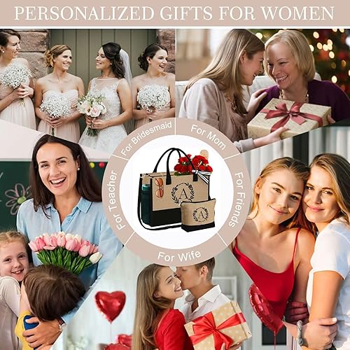 Miniatura 4 de YOOLIFE Regalos para mujeres  Bolsa de yute con inicial y bolsa de maquillaje con bolsillo con cremallera, correa ajustable, regalos de cumpleaños