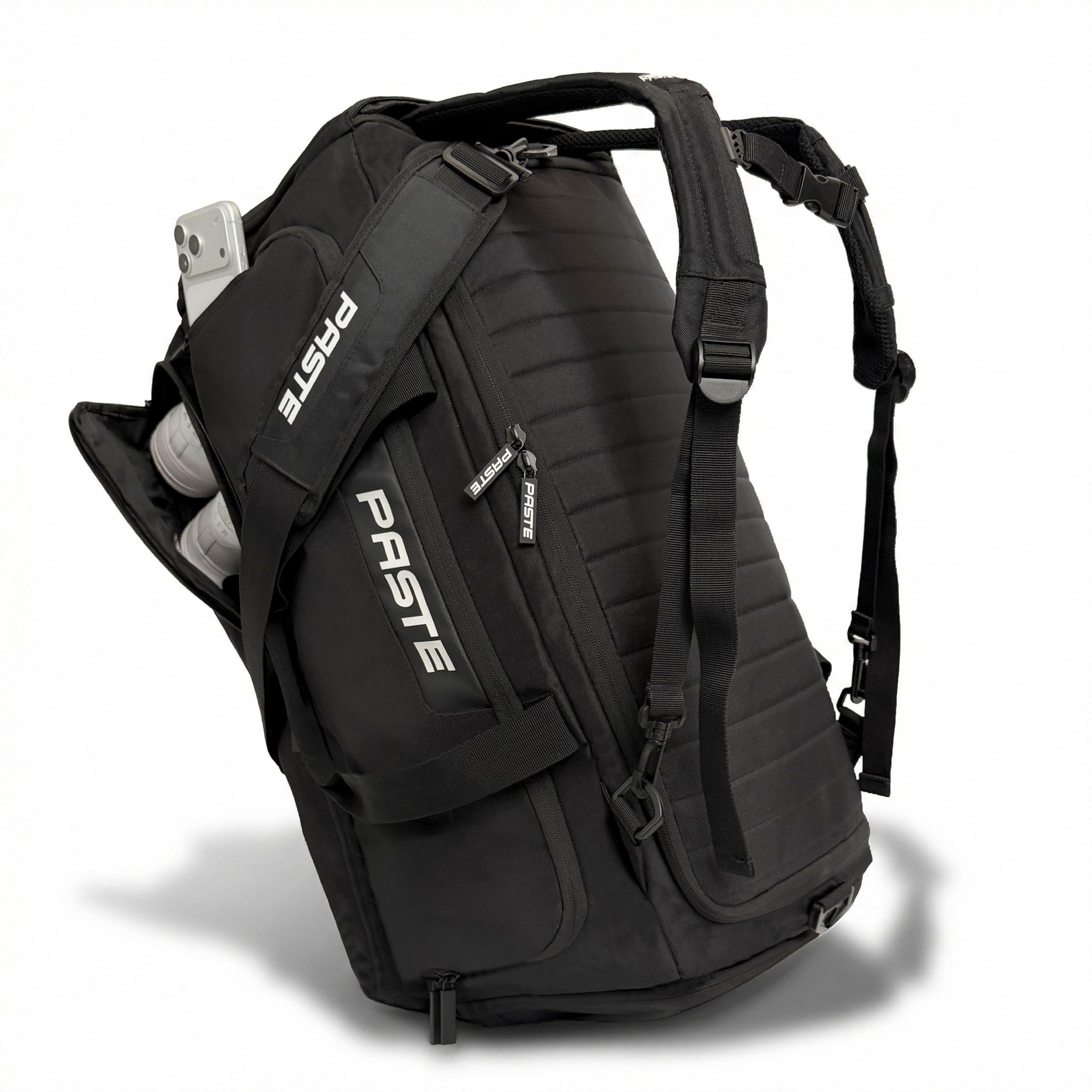 PASTE® - Premium Sporttasche 68L mit Rucksackfunktion, Schuhfach & Nassfach Schwarz - Fußballtasche & Trainings-Tasche mit Kühlfunktion Damen & Herren groß - XL Reise-Tasche & Gym Bag Sport & Fitness