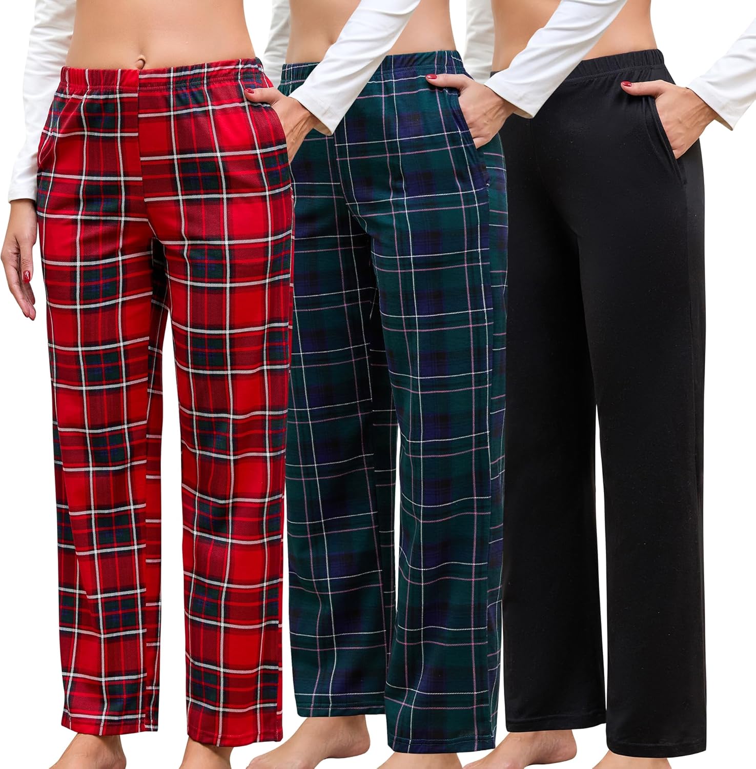 PNAEONG Pajama Pants Women 3 Pack Soft Cotton Lounge Pants Comfy Casual Pajama Bottoms with Elastic Waistband & Pockets