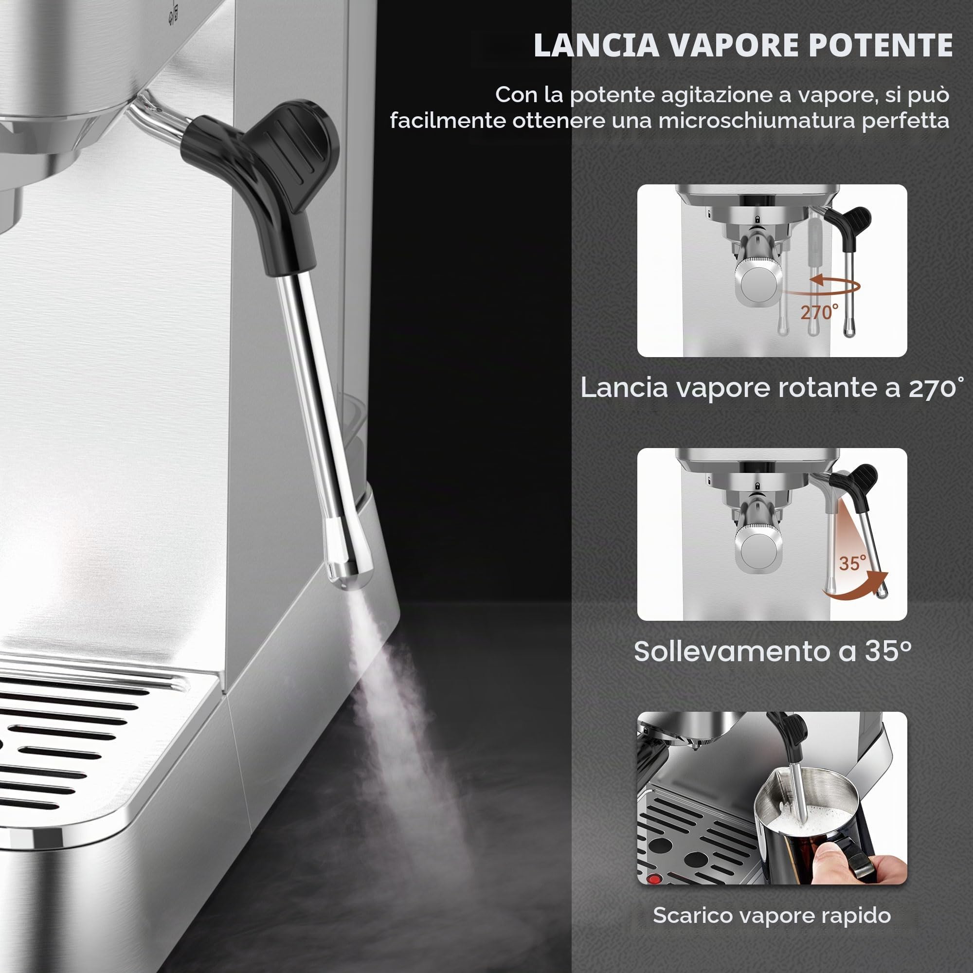 KitchenBoss Macchina Caffè Espresso Professionali : 15 Bar per la Casa, Macchina Caffè Cappuccino con Lancia Vapore Montalatte, Macchina Caffè per Latte, Serbatoio Estraibile 1,2 L