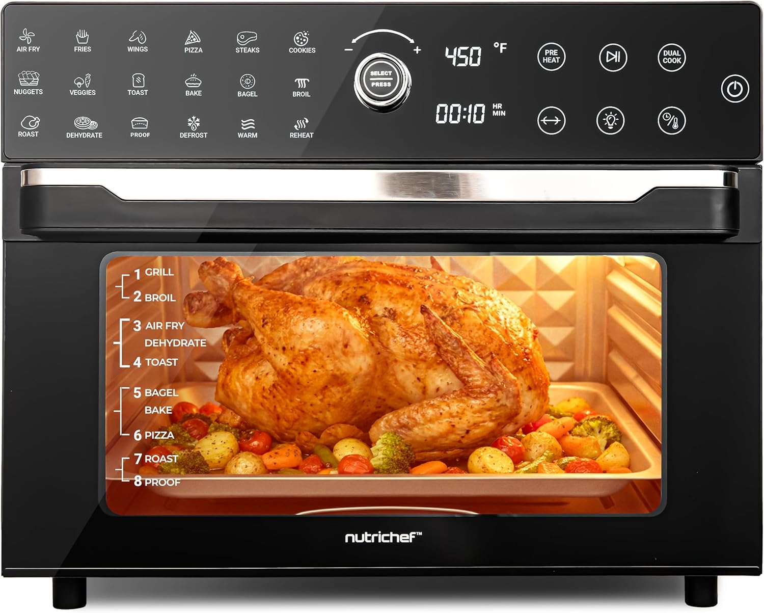 NutriChef 32 Quart Air Fryer & Oven | Digital Airfryer with 20 Presets, Dual Cook, Rotisserie, Bake & More | Multi-Function Convection Countertop Oven | Large Capacity | 18" x 17" x 14 | Black
