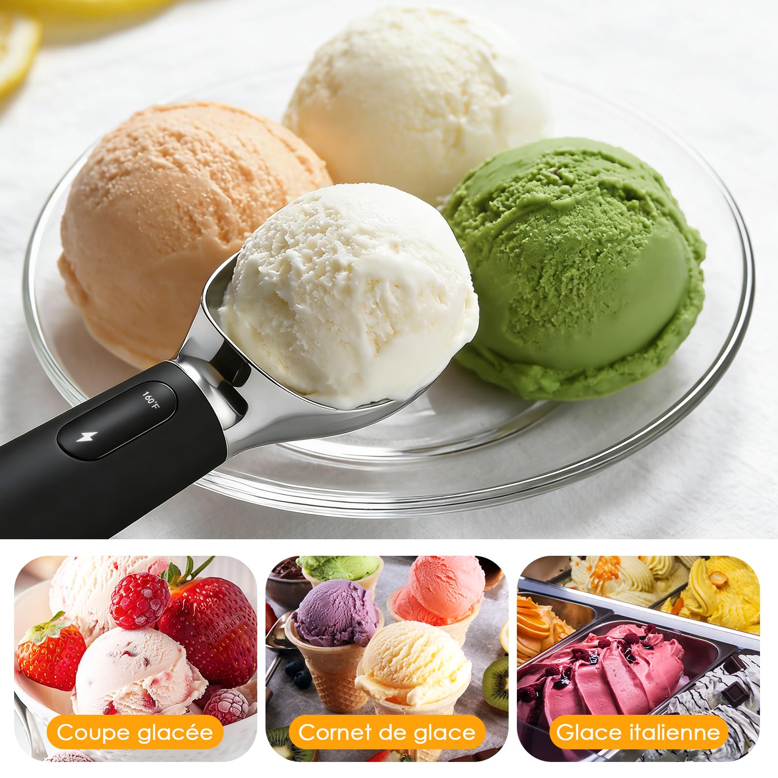 Cuillère à Glace, Boule à Glace Électrique Chauffante avec 3 Positions de Chauffage, Rechargeable, Étanchéité IPX7, Portionneur de Boules de Glace Antiadhésif, Ice Ball Scoop pour Glace Dure