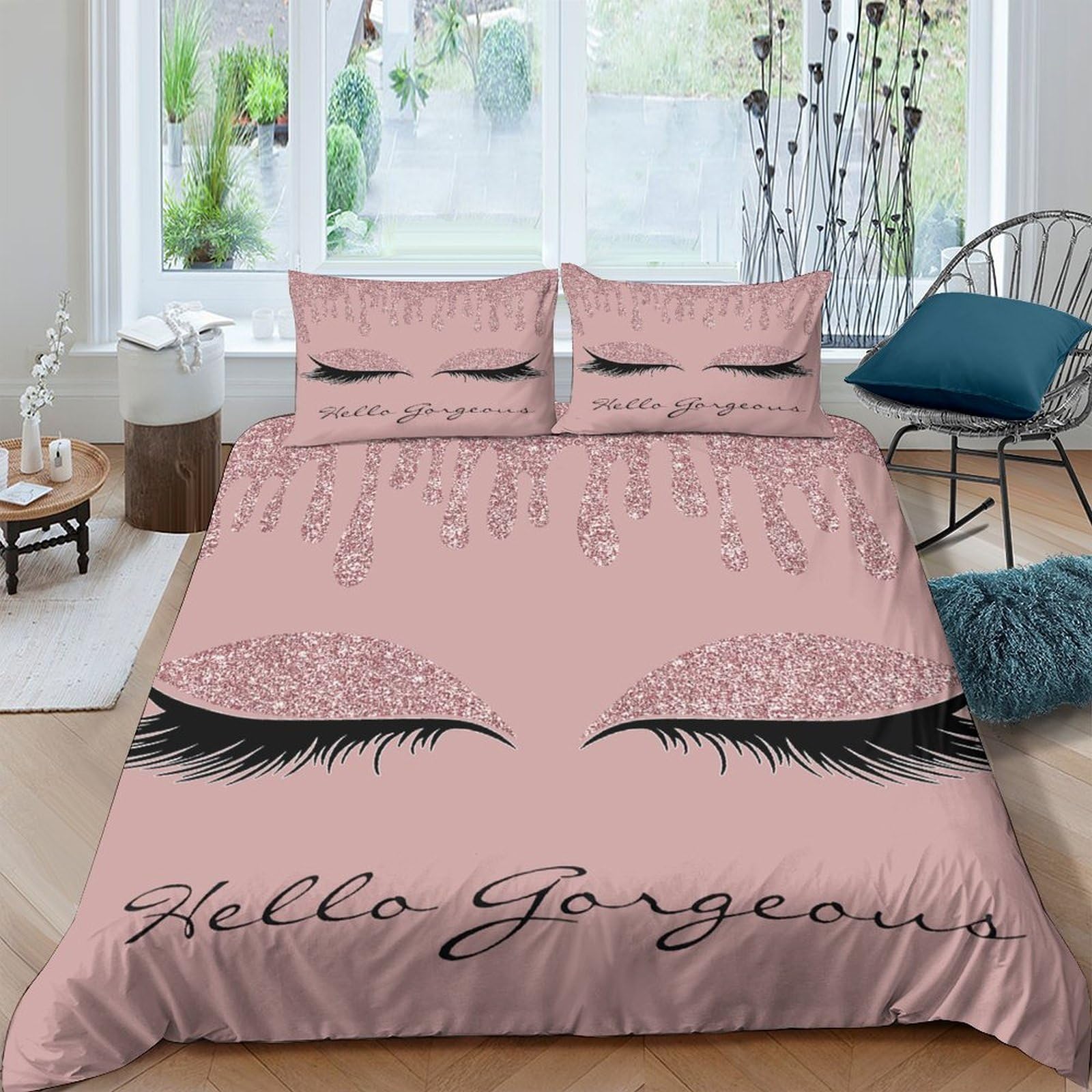 Ctjqhvkz Style-6 3D Printed Pink Eyelash Fitted Sheet Microfiber Soft Bedroom Decor Hello Gorgeous Bed Cover For Home Dorm Mattress Protection Single（135X200cm）
