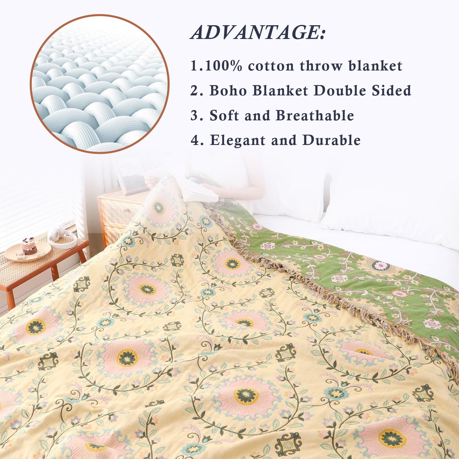Snylcce Dubbelzijdige Boheemse grote plaid - 100% biologisch katoenen handgeweven bed en banksprei, gezellig boho-accent voor 2-3-zits banken en fauteuils - 200 x 230 cm, levendig blauw