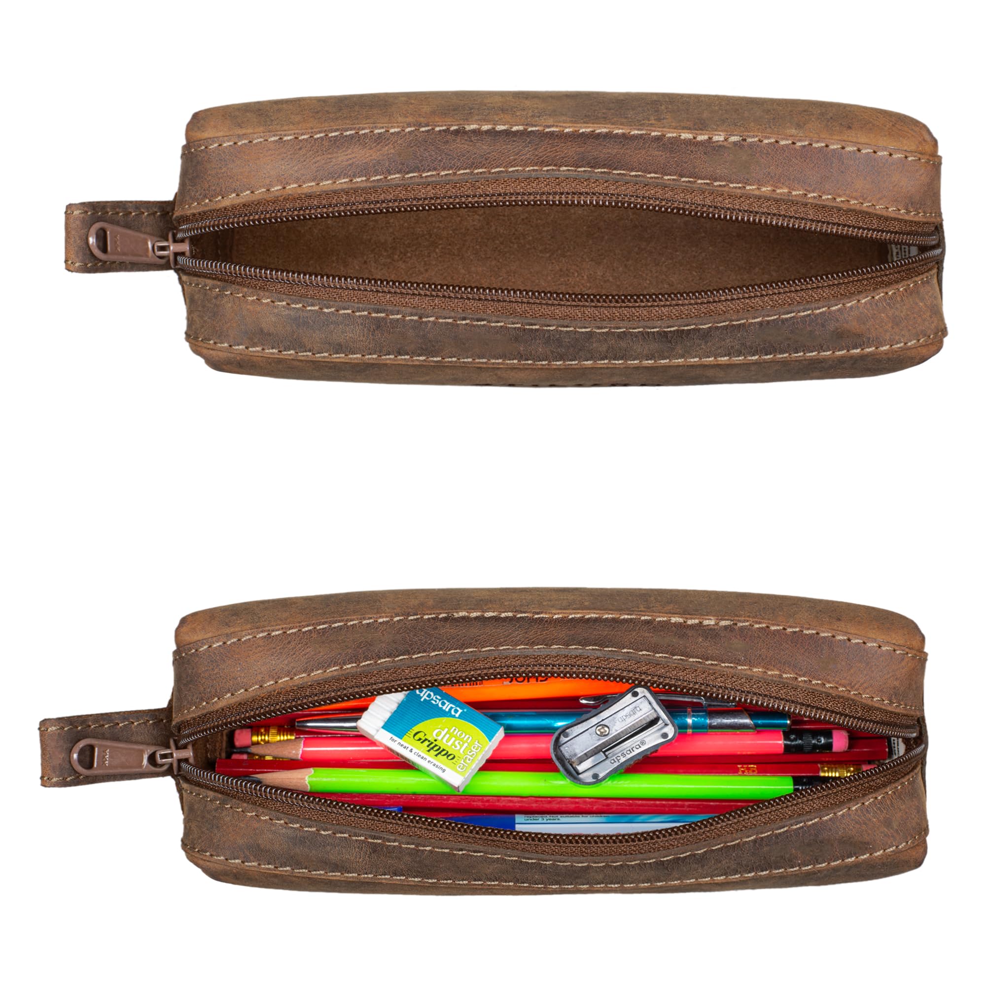 STILORD "Linus" Pencil Case Leather Pen Case Pouch Office University College Women Men Stationary Vintage Leather Colour:Calais - Brown - Image 4