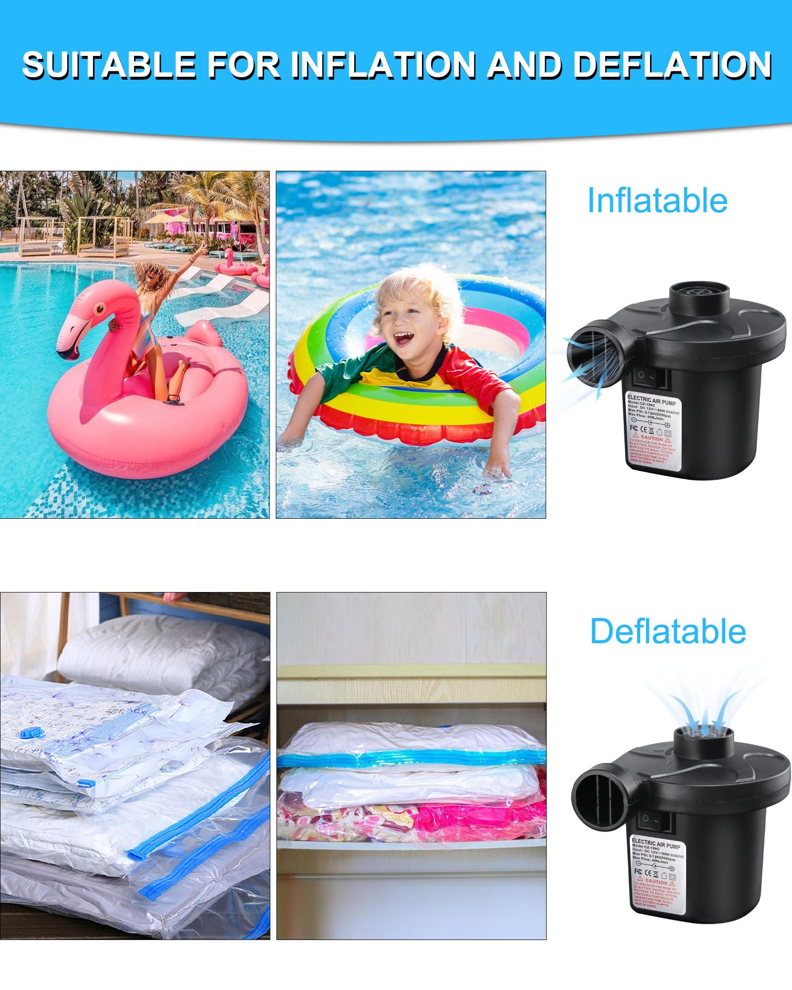 Pompa ad aria elettrica, pompa ad aria per materasso ad aria 2 in 1, pompa elettrica gonfiabile e scarico, pompa ad aria portatile elettrica per materasso, piscina, materasso ad aria, anello di nuoto