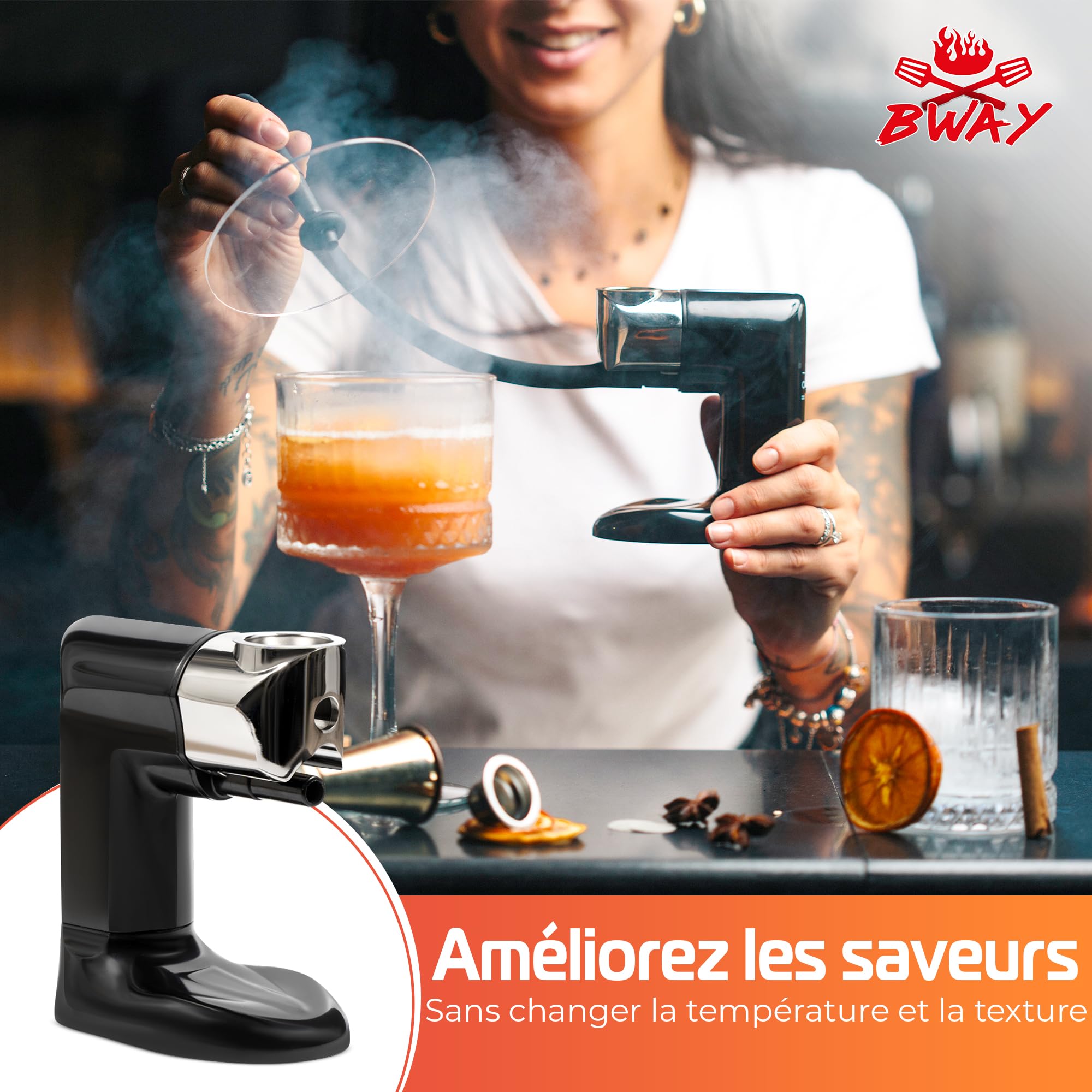 BWAY Fumoir a Froid – Pistolet Fumée Professionnel avec 3 Sachets de Copeaux de Bois et eBook 20 Recettes