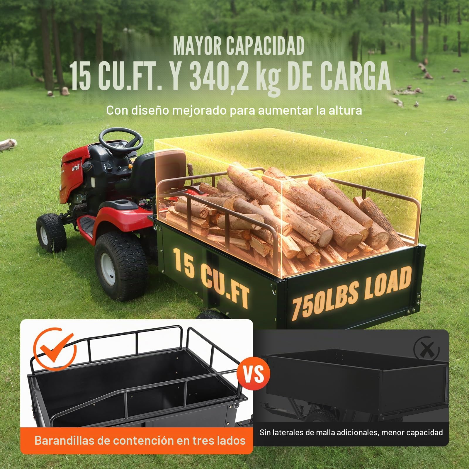 VEVOR Remolque Volquete Capacidad de Carga de 340kg Remolque Utilitario de Jardín Resistente con Laterales Extraíbles Carro de Transporte Volquete de 0,4m³ para Tractor, Cortacésped, ATV, 200x66x76 cm