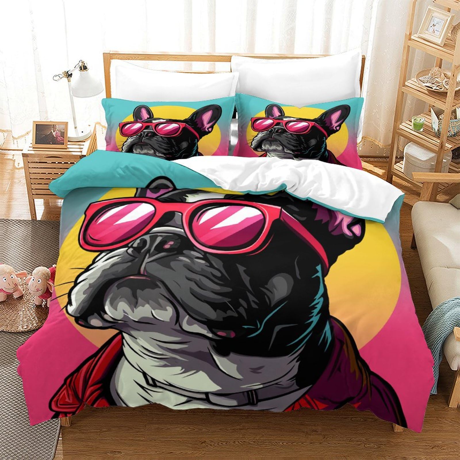 Stampato in 3D Bulldog francese Copertina Stampata Microfibra Disegnata Biancheria Da Letto Ipoallergenico Con 2 Federe,Double（200x200cm）, Per Adolescenti E Adulti