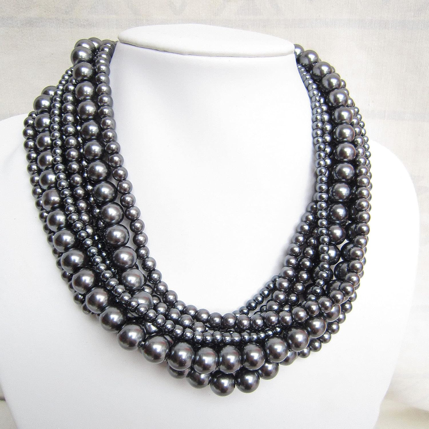 Women Statement Pearl Necklace Gray Pearl Necklace Multi Strand Pearl Necklace for Her Bridesmaid Jewelry Chunky Necklace Bride Necklace Wedding Gift Ideas for Daughter Gift for Mom
