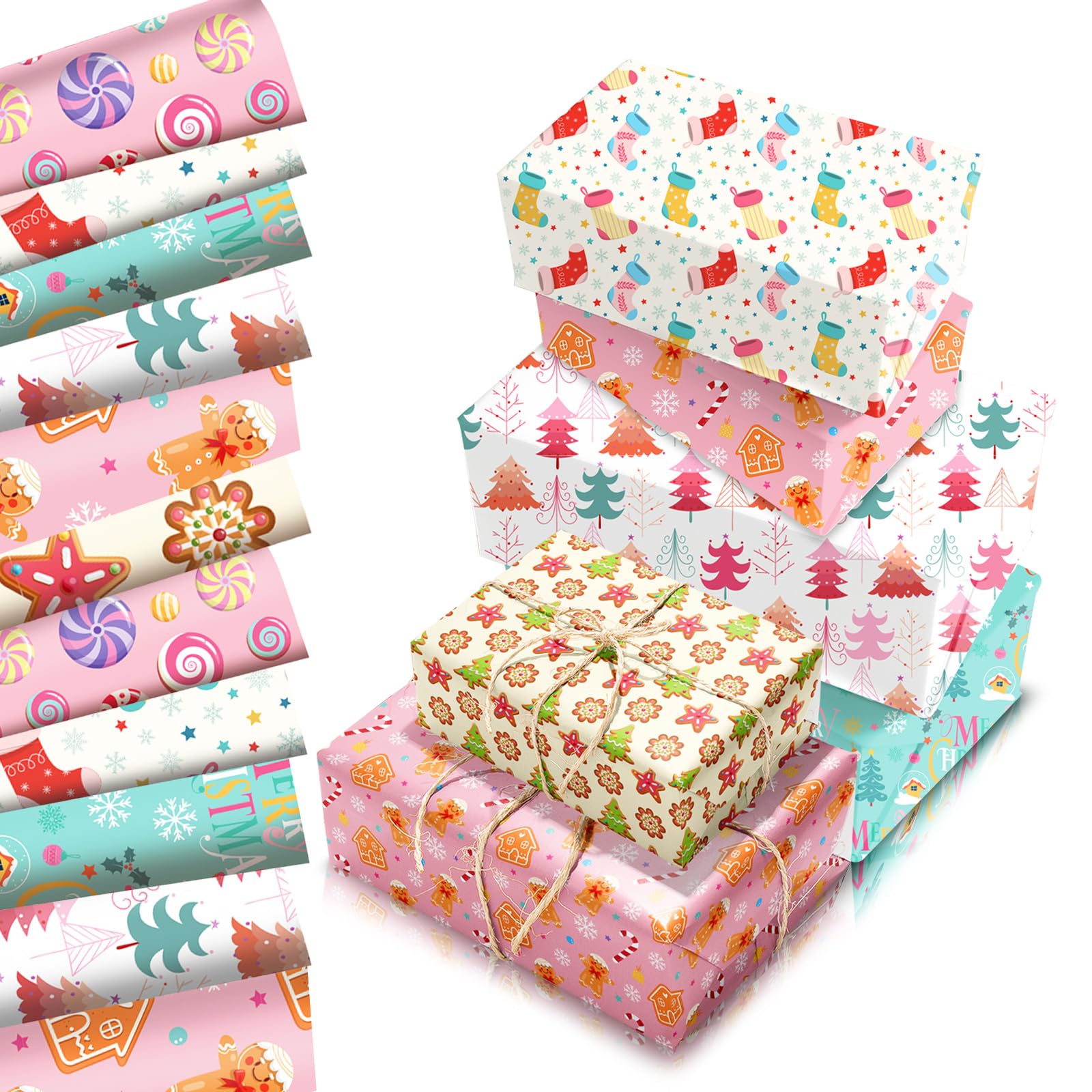 Christmas Wrapping Paper Sheets 68x50cm,12 Sheets Candyland Gingerbread House Xmas Gift Wrapping Paper,Recyclable Pink Christmas Wrapper for Winter Party,Birthday,Festive,Xmas Gift Boxes Decorations — image 1