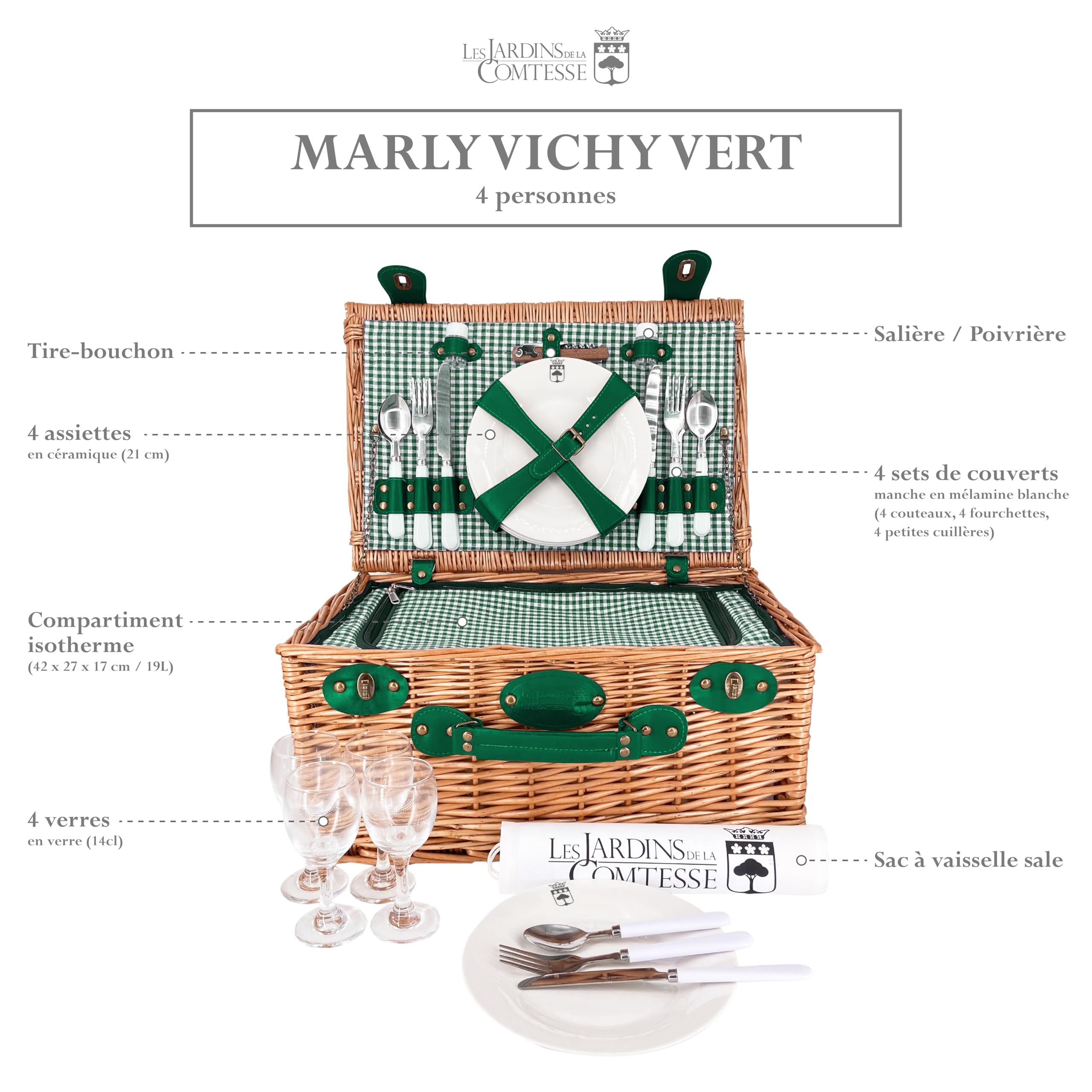 Les Jardins de la Condesa Cesta Picnique Marly, Mimbre, Verde, 4 kg, 46x31x23 cm, Servicio para 4 Personas, Compartimiento Aislado
