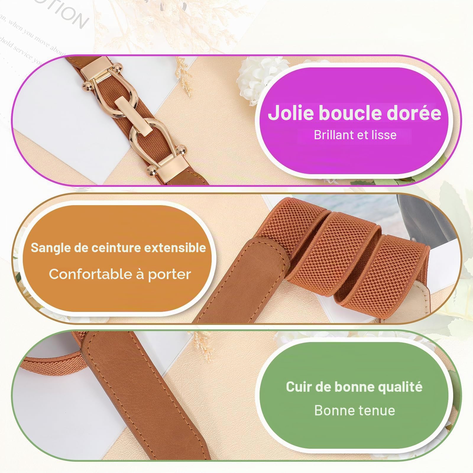 JasGood Ceinture élastique fine pour femme - Ceinture vintage - Ceinture extensible - Ceinture extensible avec boucle dorée