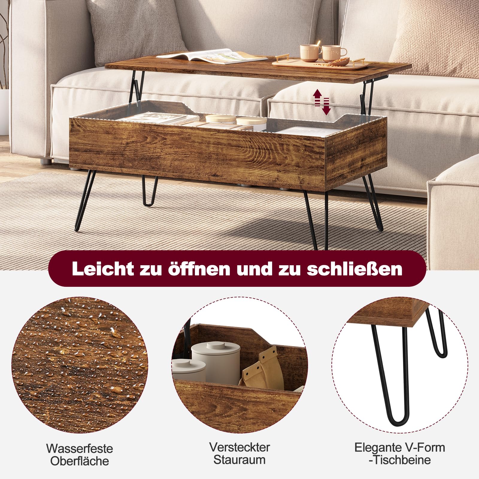 WOLTU Couchtisch Wohnzimmertisch höhenverstellbar ausziehbar, Kaffeetisch mit verstecktem Stauraum, für Wohnzimmer Büro, Metallbeine, 95x(40-55,5) x50 cm, Vintage-Holzoptik Schwarz, BTS18hov