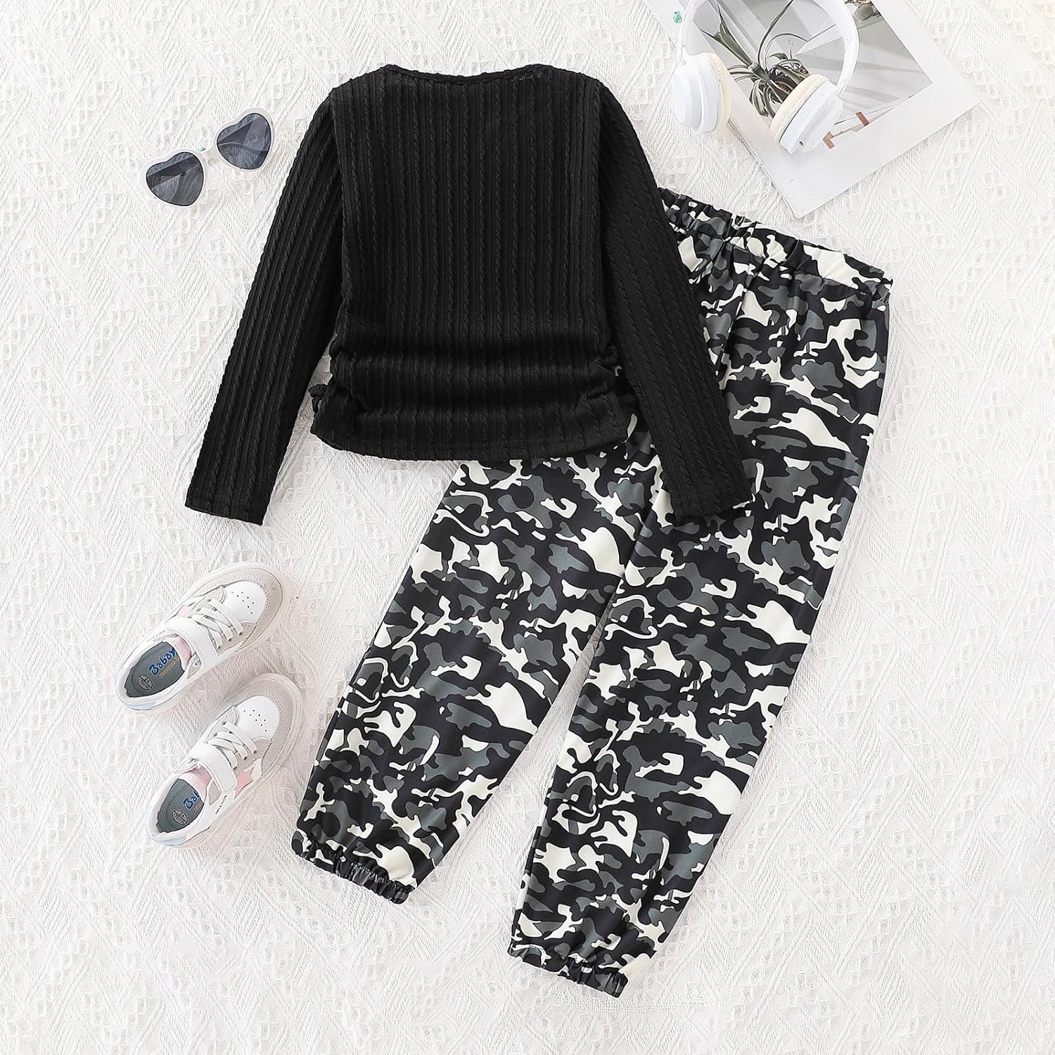 Girls' Clothes Long Sleeve Ribbed Knit Ruched Tops & Camo Jogger Pants Sets Fall Outfits with Pockets Size 6-14Y - Image 6