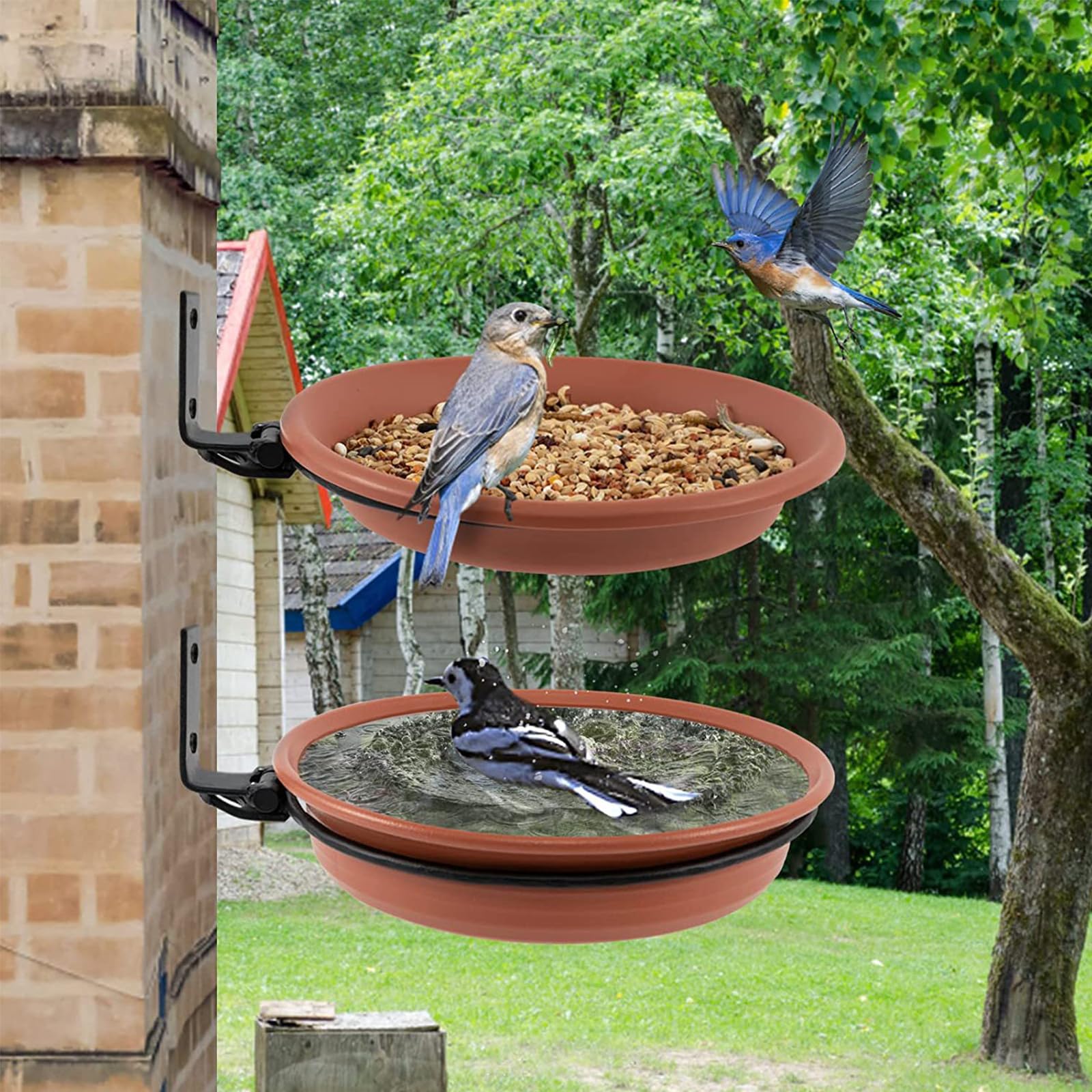 Grantop Lot de 3 mangeoires pour oiseaux et abreuvoir pour oiseaux, bain pour oiseaux, balustrade ronde avec support mural, pour attirer les oiseaux sauvages