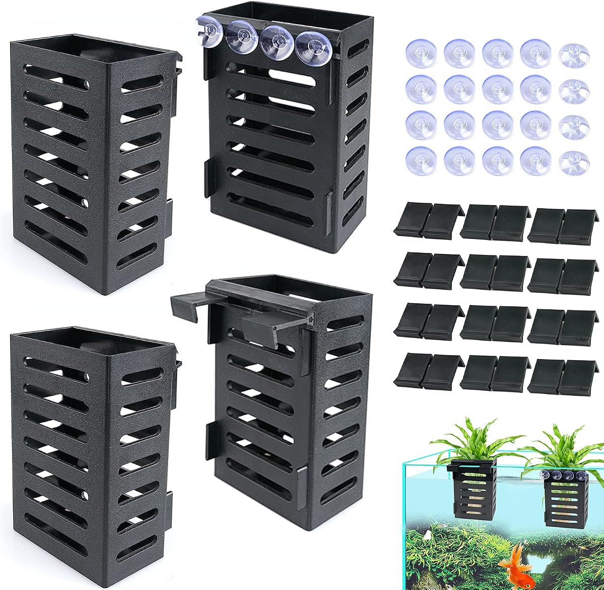 Aquarium Plant Holder 4 PCS Aquatic Plant Pot (Black) | 24 Hooks and 20 Suction Cups for Fish Tank Aquarium Planter and Aquascape Decorations