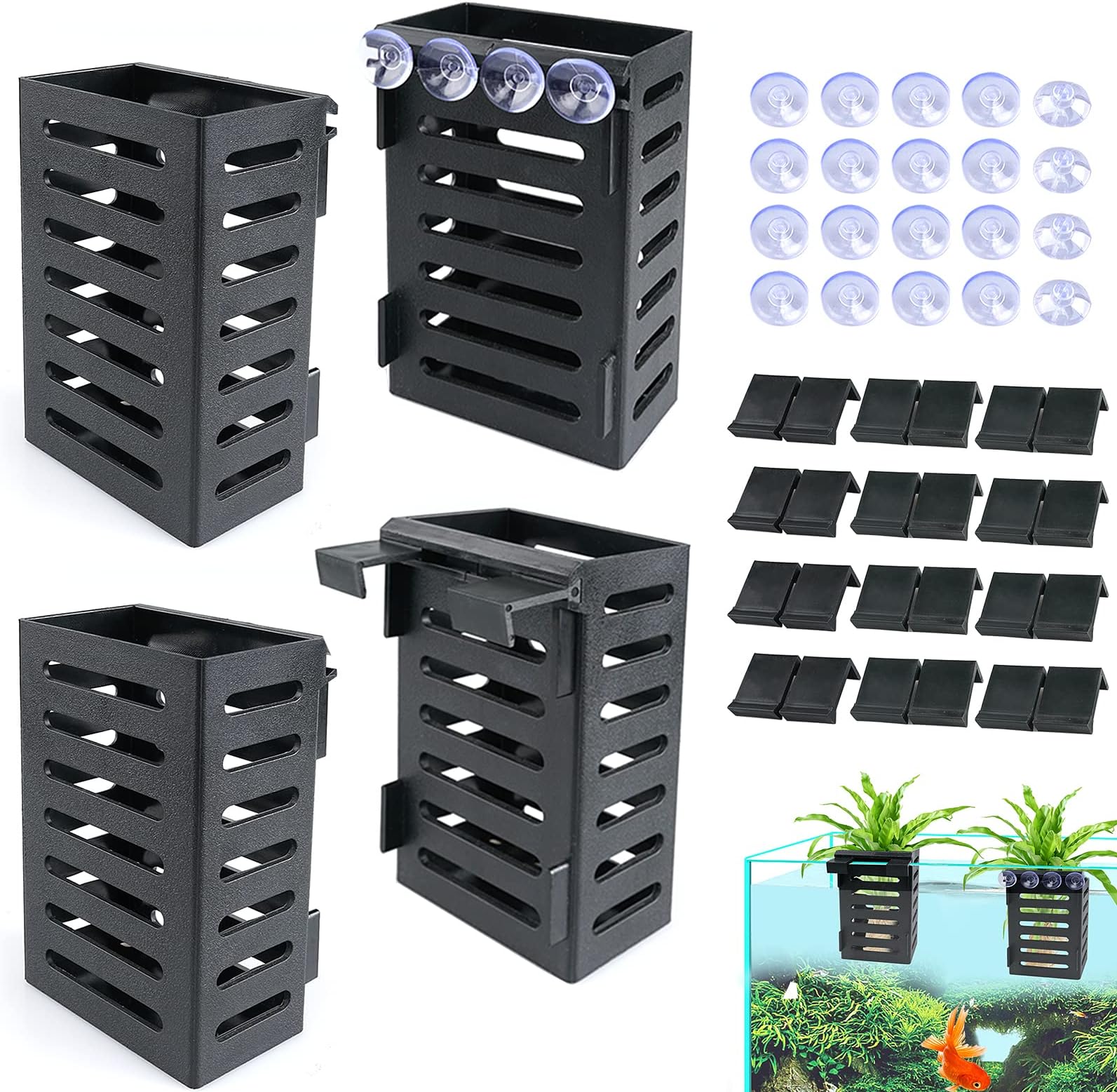 Aquarium Plant Holder 4 PCS Aquatic Plant Pot with 24 Hooks and 20 Suction Cups for Fish Tank Aquarium Planter and Aquascape Decorations (Black)