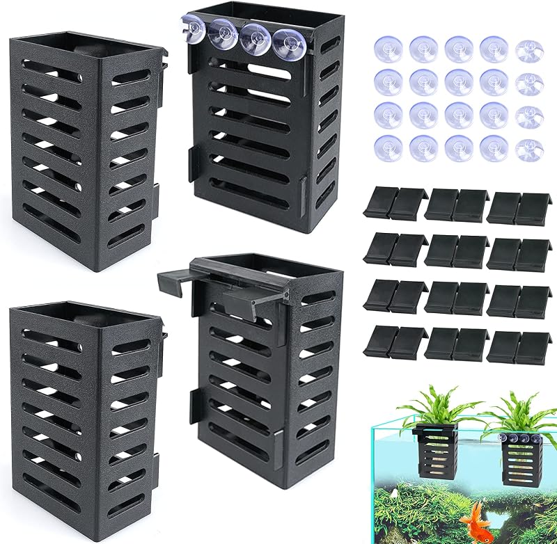 Aquarium Plant Holder 4 PCS Aquatic Plant Pot (Black) | 24 Hooks and 20 Suction Cups for Fish Tank Aquarium Planter and Aquascape Decorations