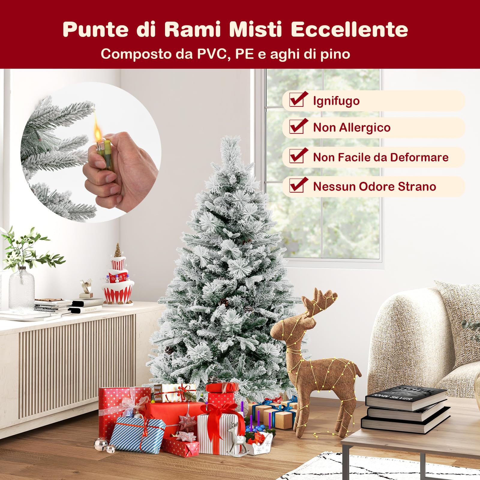 COSTWAY Albero di Natale Innevato 136/180/210 cm, Albero di Natale con 160/240/320 Luci LED, 472/850/1270 Rami di PE e PVC, 26/34/40 Pigne, Aghi di Pino e 8 Modalità di Illuminazione (136 CM)