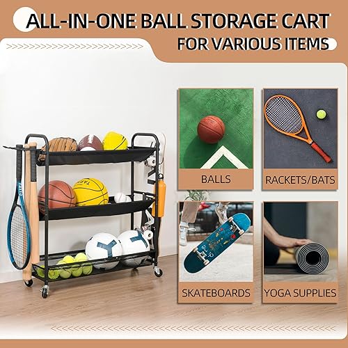 Miniatura 6 de STORAGE MANIAC Estante de baloncesto de 3 estantes para entrenamiento, soporte para pelotas deportivas, carrito de pelotas organizador de garaje,