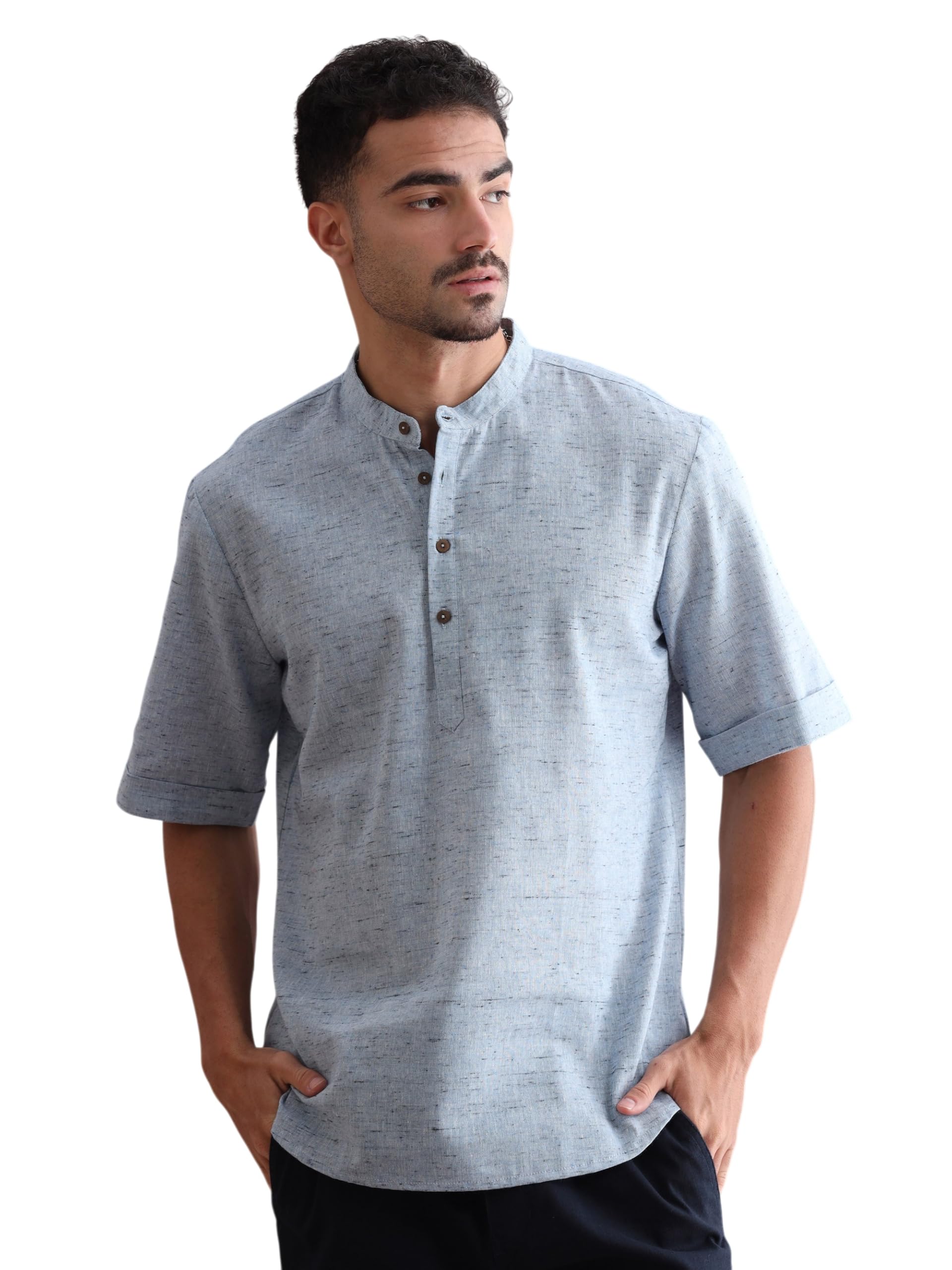 filori Men's Pure Cotton Self Textured Short Kurta | Half Sleeves | Mandarin Collar | Button Closure | Regular Fit-picture-29