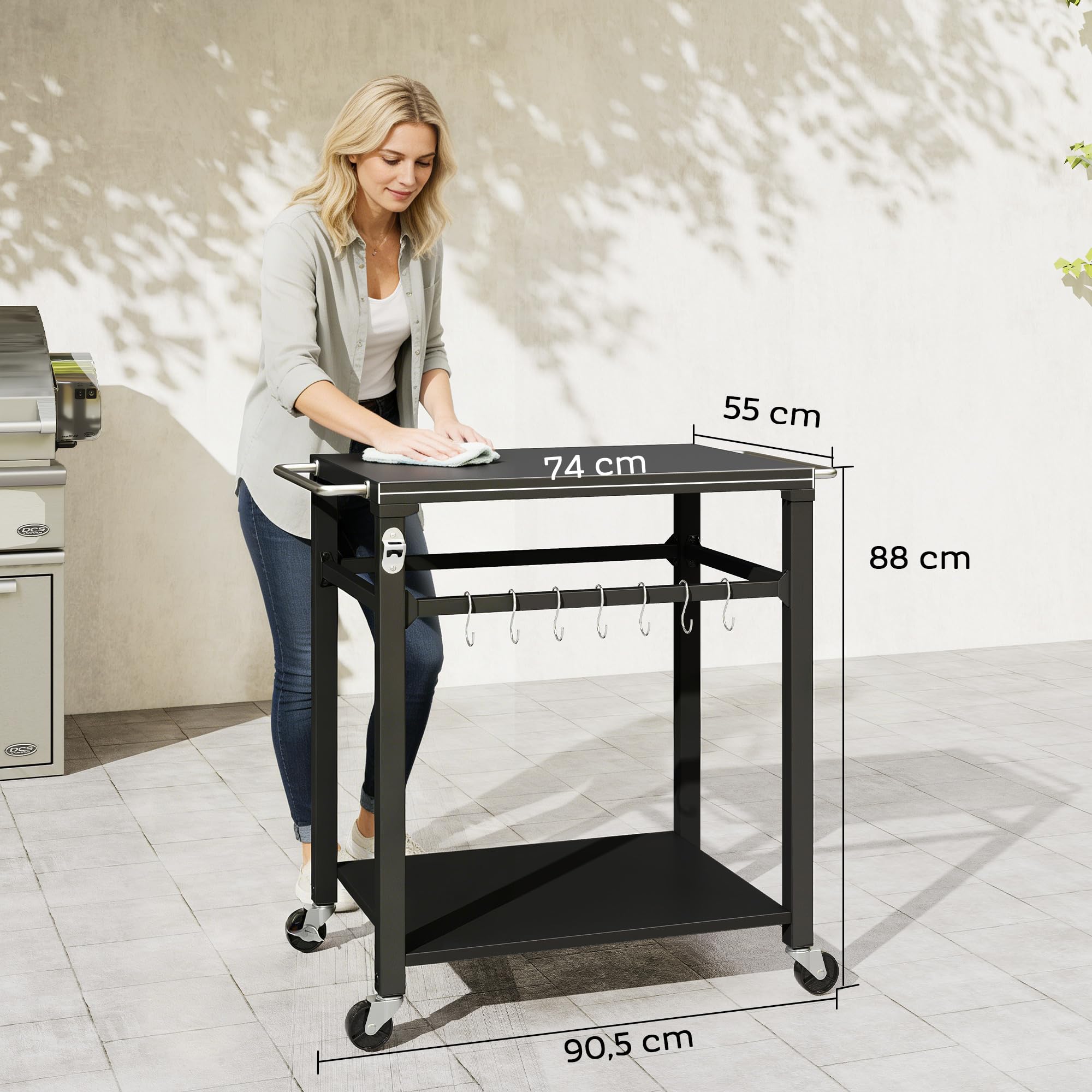 Outsunny Desserte Jardin Chariot de Barbecue sur roulettes îlot de Cuisine en métal avec Crochets, 2 poignées, roulettes verrouillables, étagère, 90,5 x 55 x 88 cm, Noir