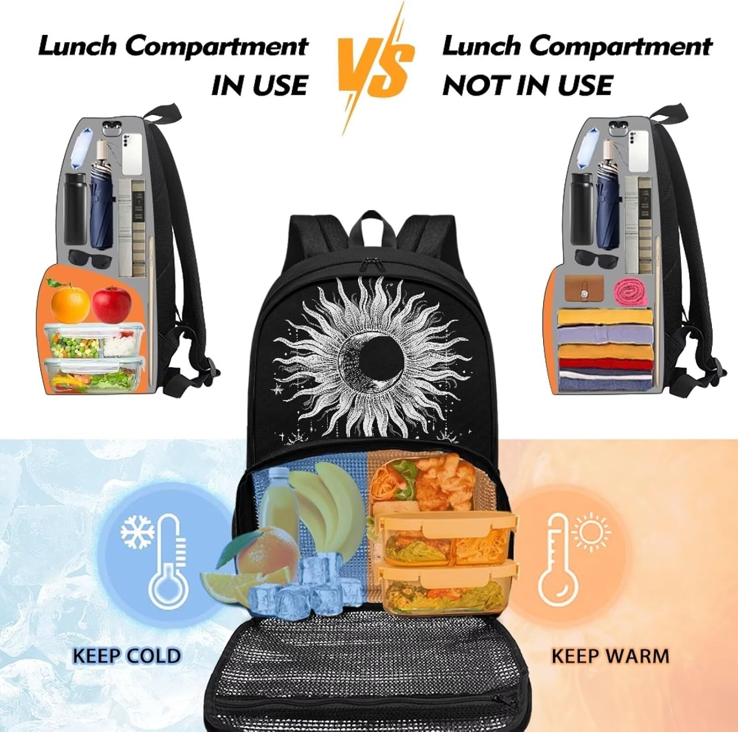 All-in-One Backpack with Lunch Compartment Gothic Sun Moon 17 Inch Lunch Bag Backpack for Girls Boys Insulated Lunch Compartment School Bookbag Daypack for Kids Adults