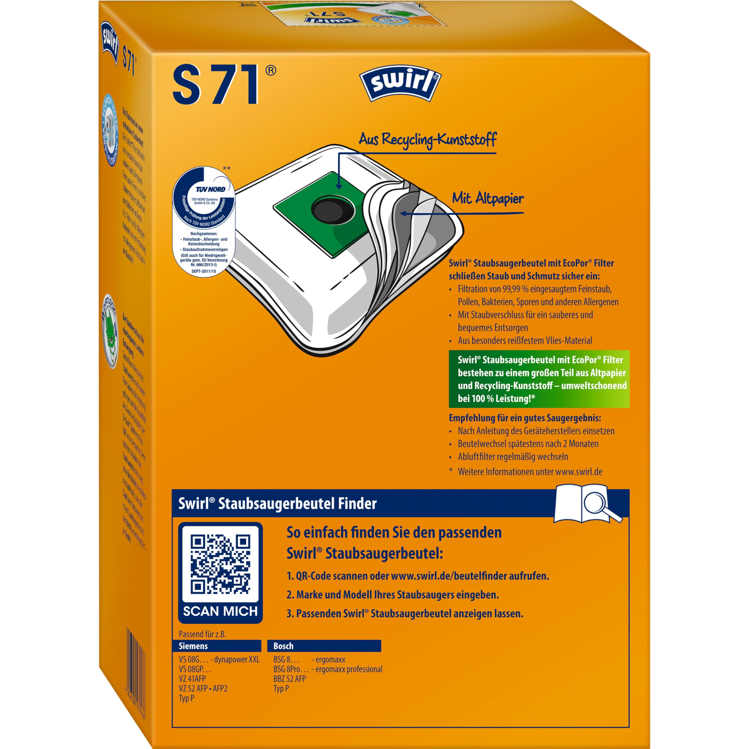 Swirl S 71 Airspace Micropor Plus Worki Do Odkurzacza Siemens I Bosh z Filtrem Antyalergicznym, 4 Sztuki, Biały