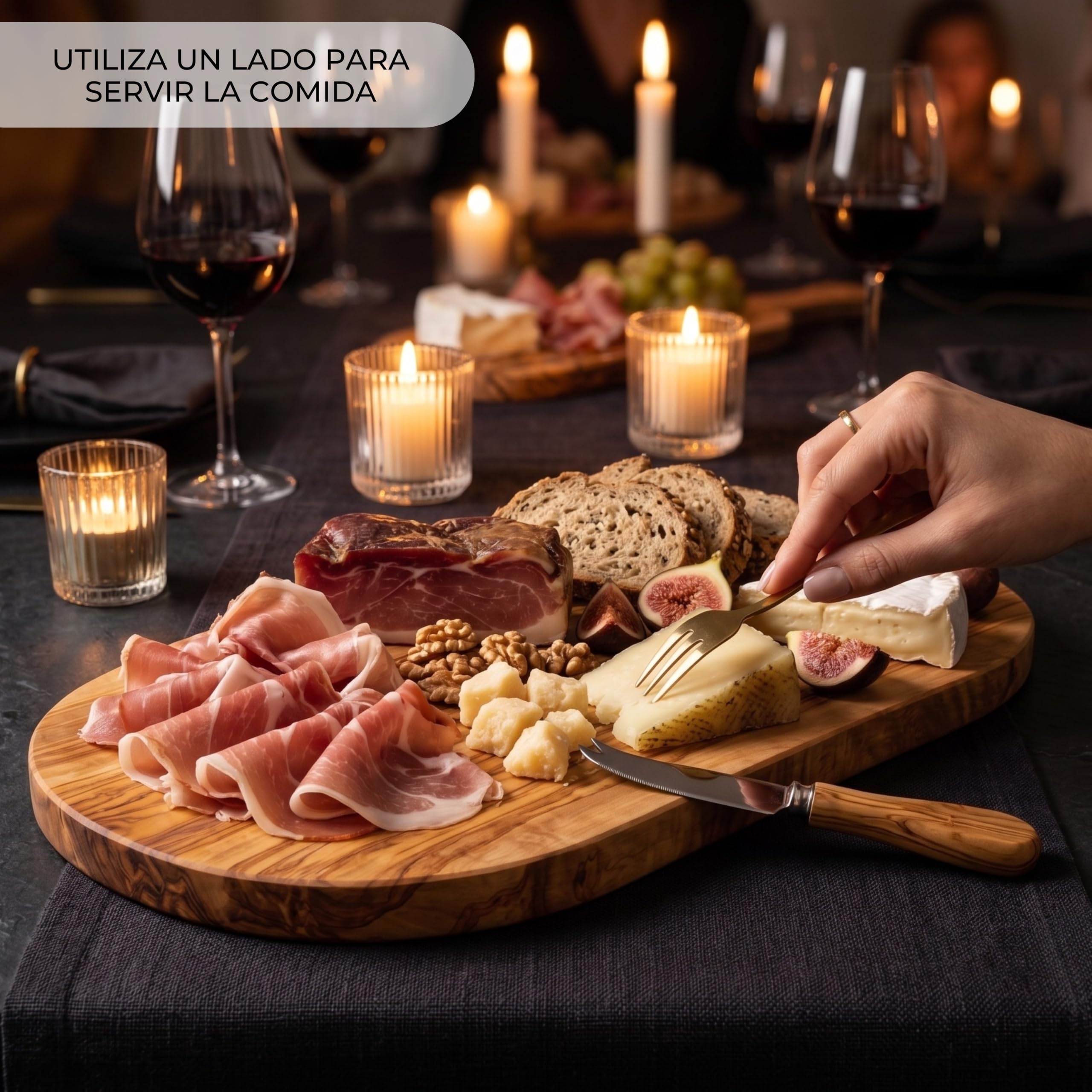 Erreke Tabla de Madera de Olivo Natural con Ranura, 43 x 21 cm, Uso Diario | Tabla Madera Cocina. Reversible con Canal para Jugos. Servir y Picar Carne Quesos. Estilo Mediterráneo. Para Cocina y Mesa