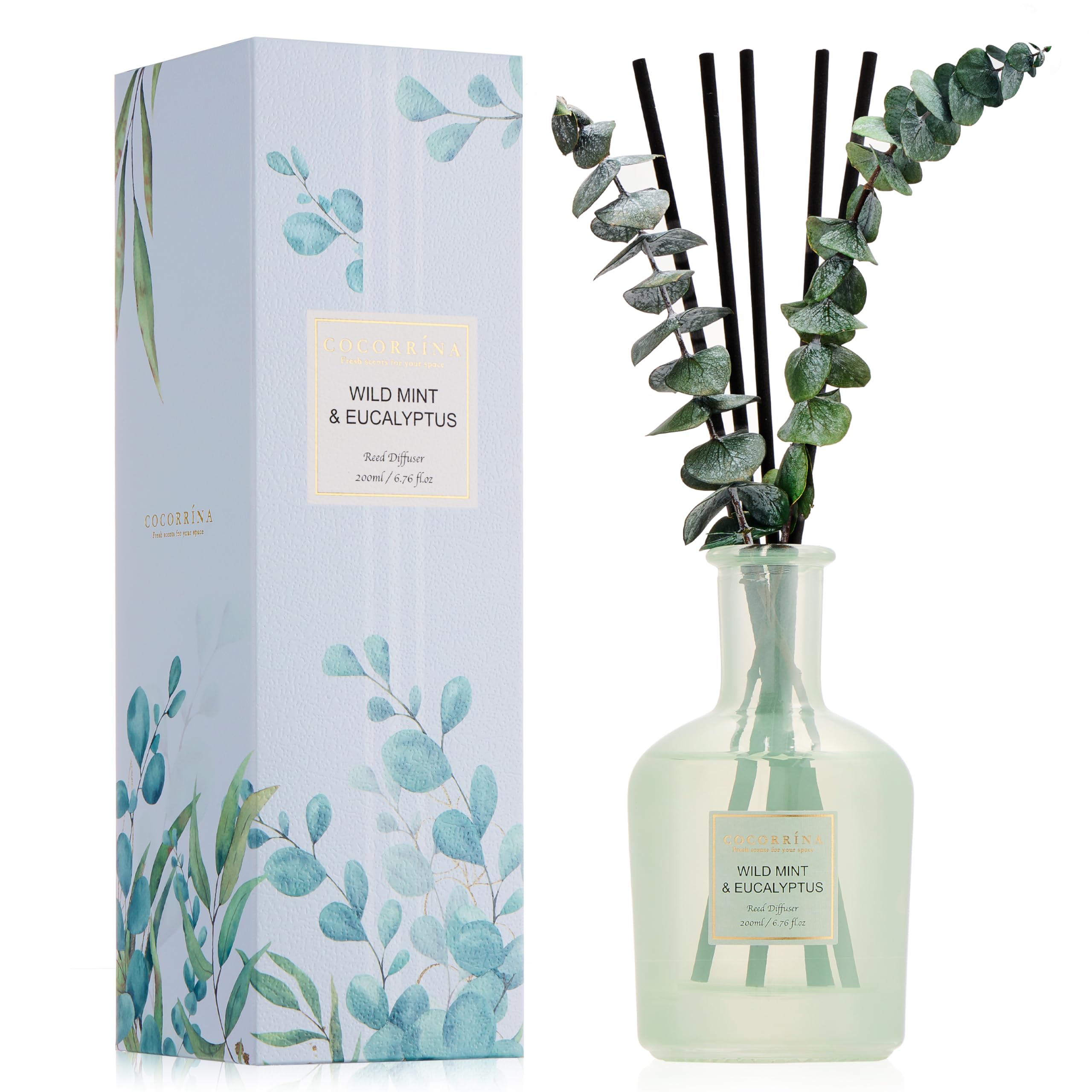 COCORRÍNA Eucalyptus & Wild Mint Reed Diffuser, 6.76 oz Essential Oil, Decorative Glass Vase with Dried Eucalyptus Branches, Bedroom or Bathroom Décor