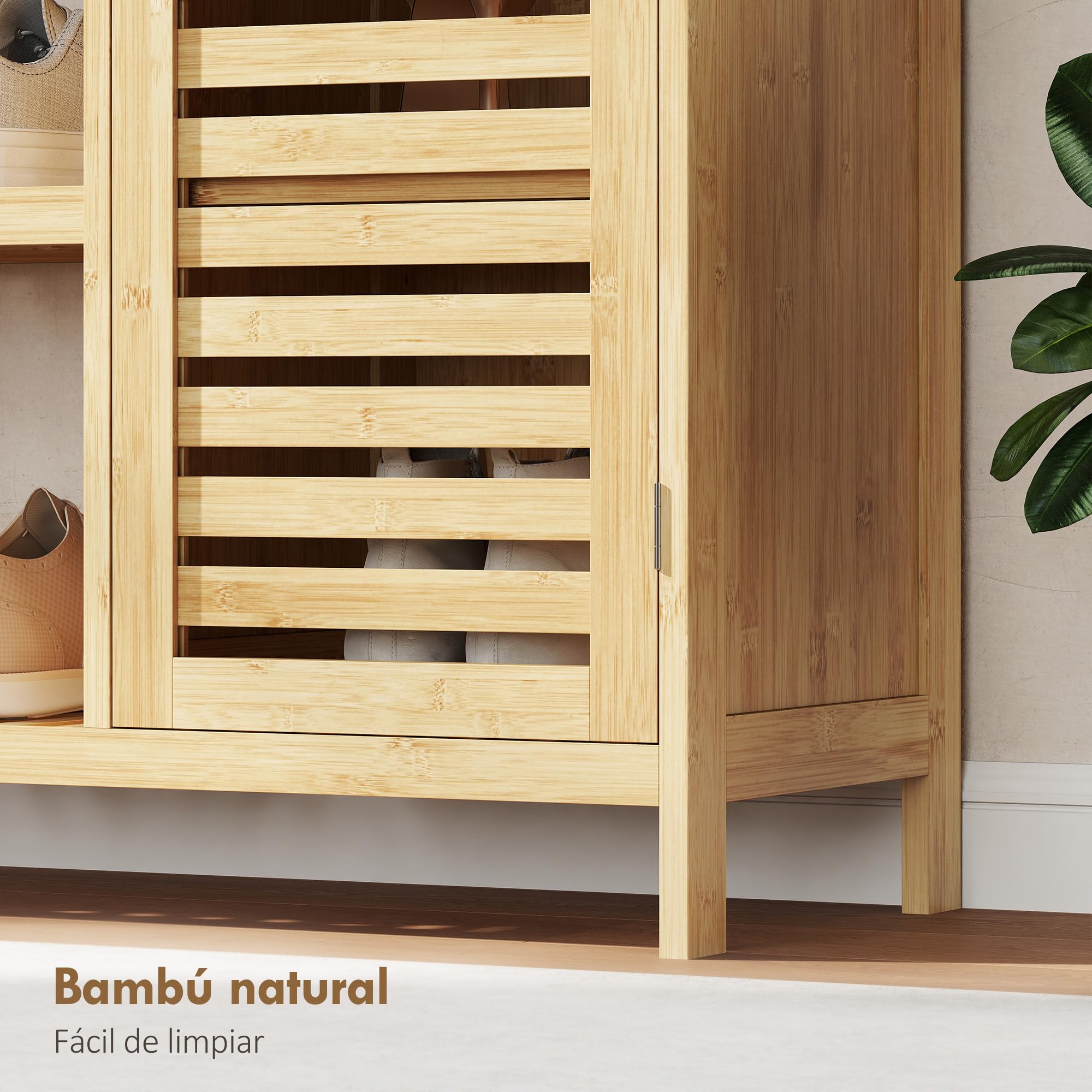 Armario de Almacenaje de Bambú 2 Puertas de Lamas 100x33x86 cm Natural | HOMCOM, Mueble Recibidor con Estantes y Compartimentos Abiertos, para Salón, Entrada