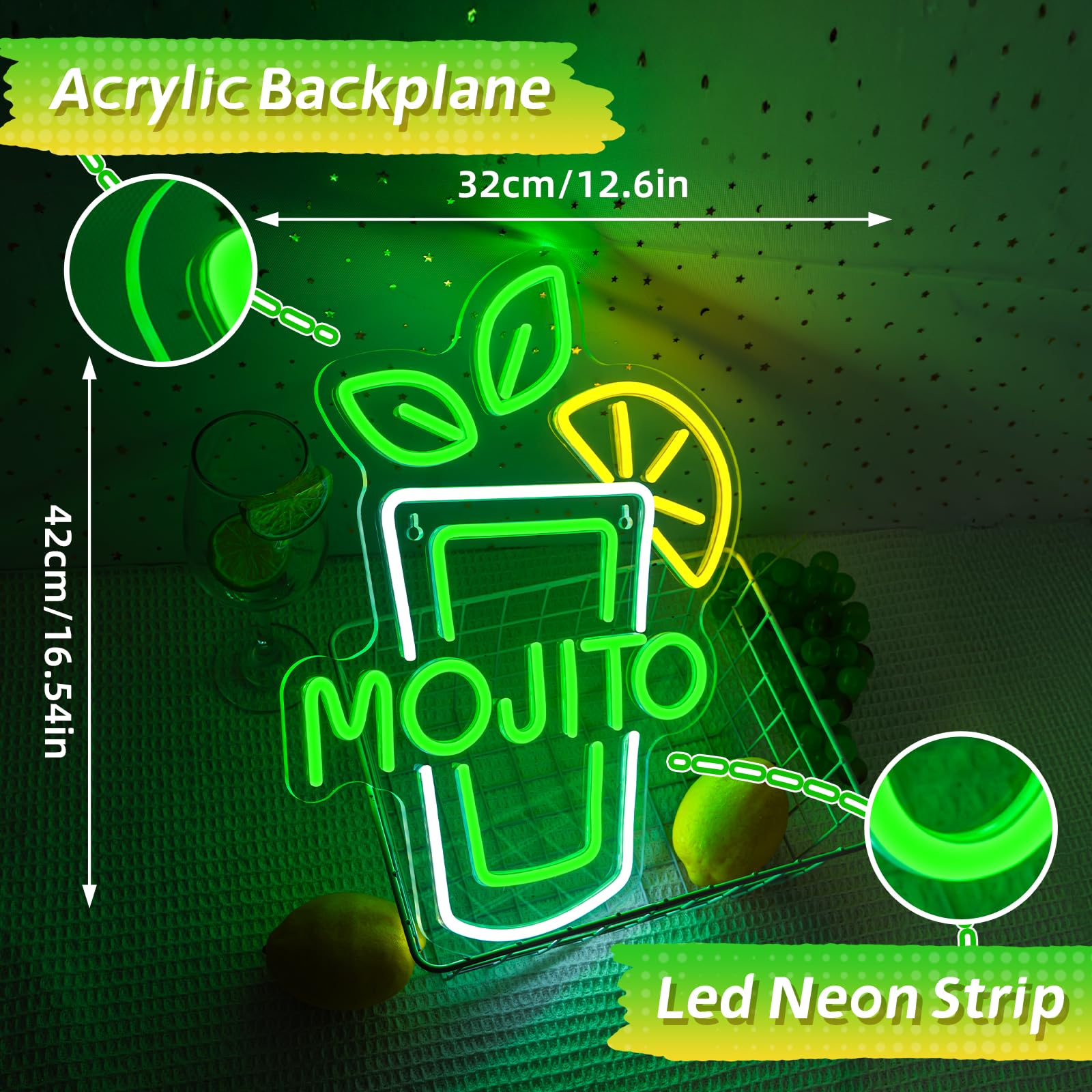 Segni al neon Verde Mojito Birra Bar Home Art USB Led Luci al neon Segno per Camera da letto Ufficio Hotel Pub Caffè Sala Ricreativa Wall Artwork Decor Luce notturna