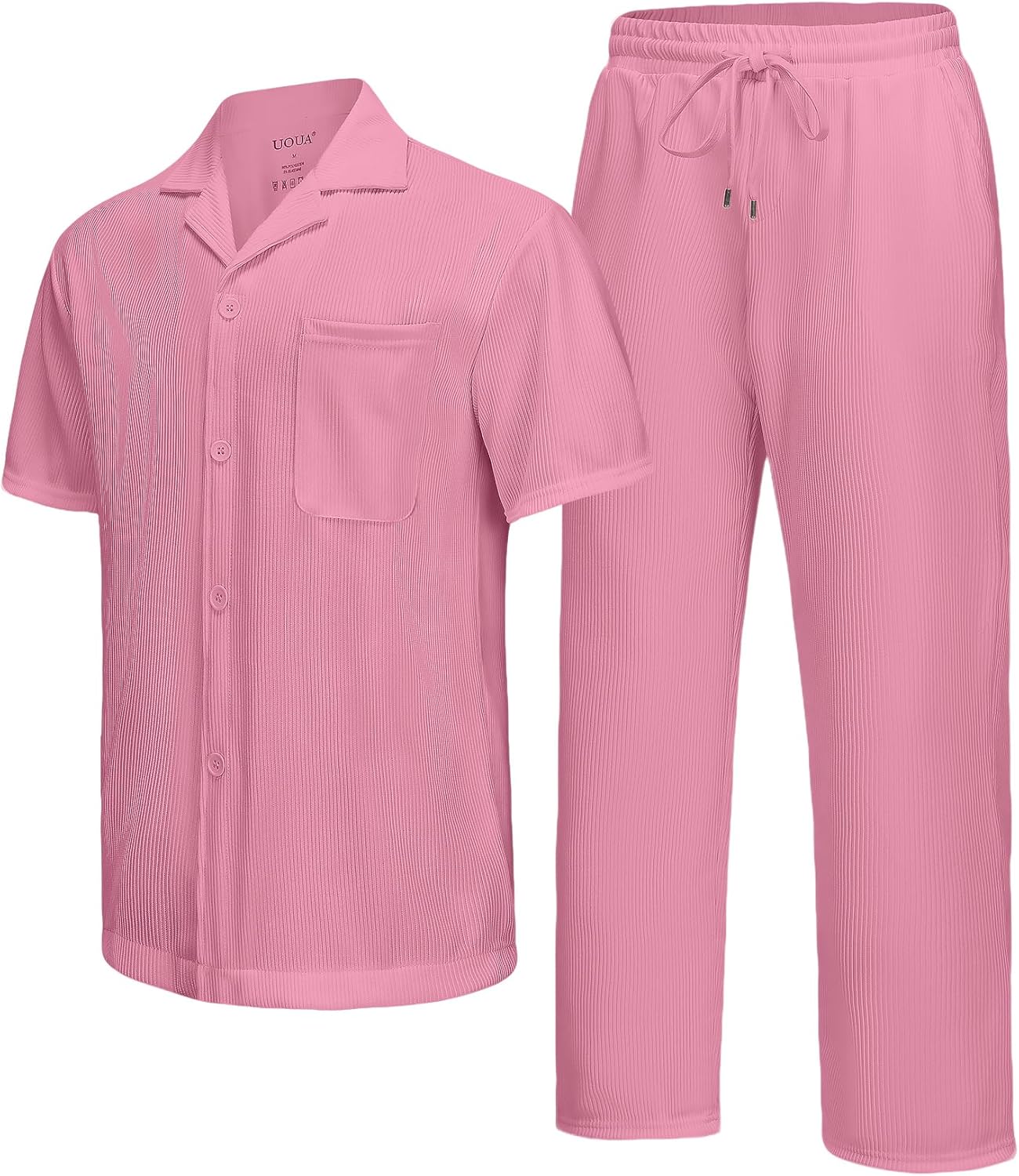 UOUA Mens Summer 2 Piece Set Casual Outfits Button Short Sleeve Shirt & Loose Pants Textured Striped Tracksuit Walking Suits - Image 5