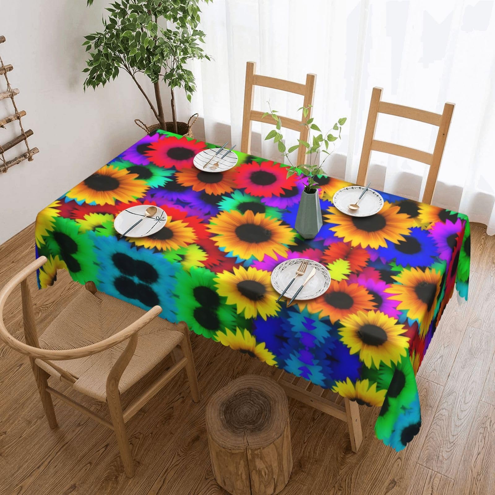 HLSBSSL Rainbow Sunflower Patterned square lace tablecloth, wrinkle-resistant and durable, suitable for dining tables, parties, etc.