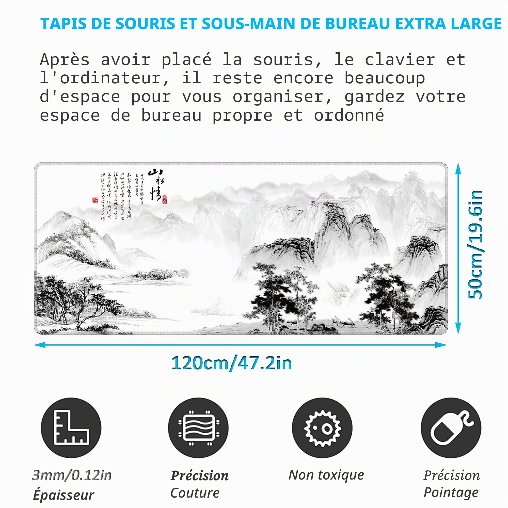 LL-COEUR Grand Tapis de Souris de Jeu à Motif 120x50x0,3cm, Pad de Bureau Mousepad Large et Étendu pour Clavier, Ordinateur (1200x500x3mm, Paysage 2)