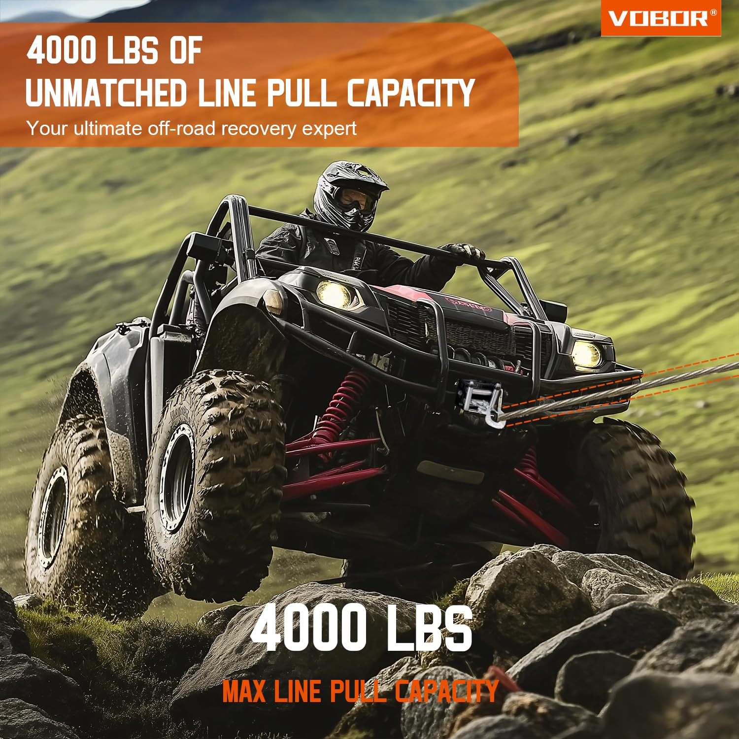 VOBOR Cabrestante de Cable Eléctrico 12V,Cabrestante 4000lbs con Control Remoto por Radio e Interruptor Manual,1.2kw 1.6HP Cabrestante de Grúa de Tracción de Cable para ATV(Wire Rope: Wb4.8mm*15m)