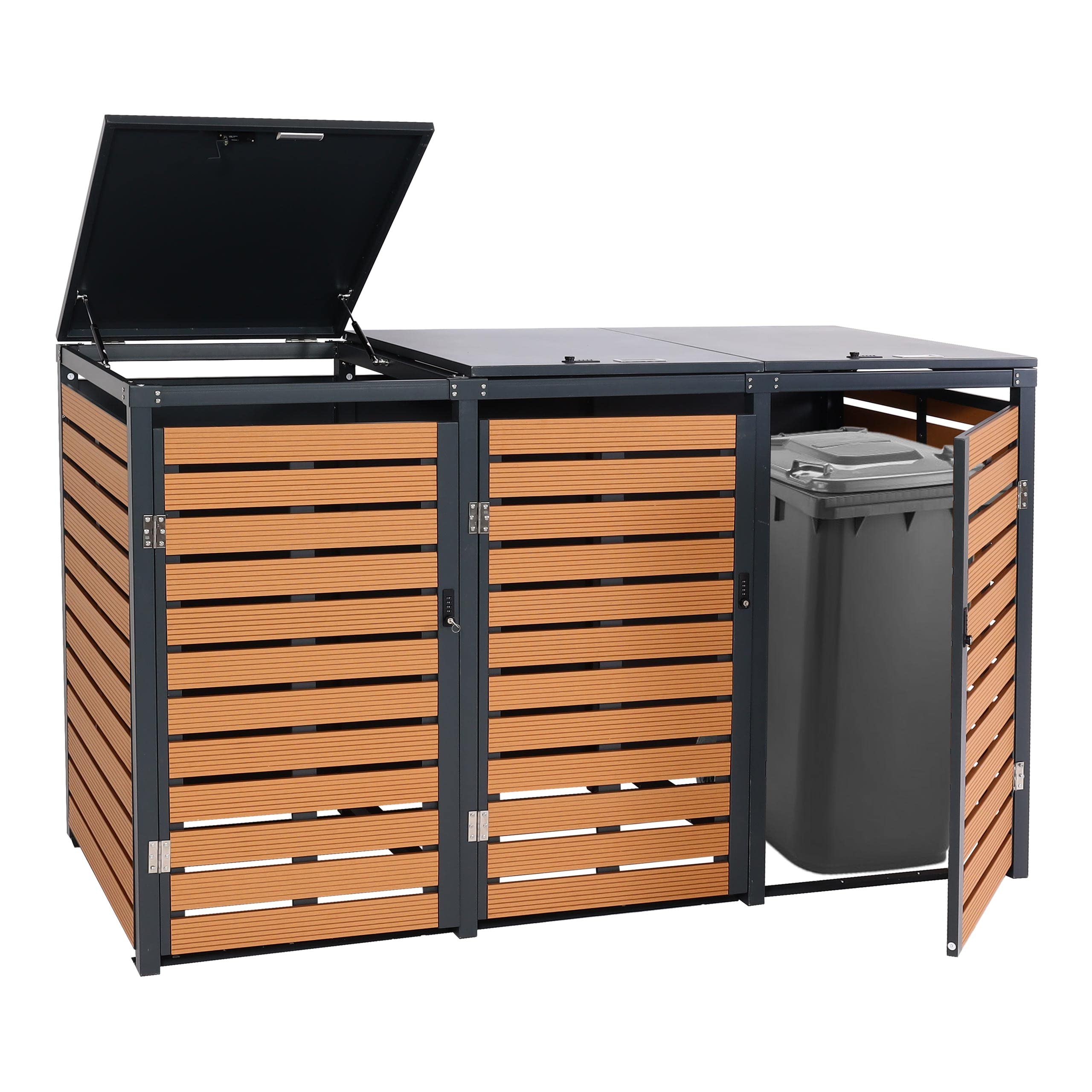 3x copribidoni box spazzatura rifiuti HWC-K14 84x205x119cm metallo WPC - teak