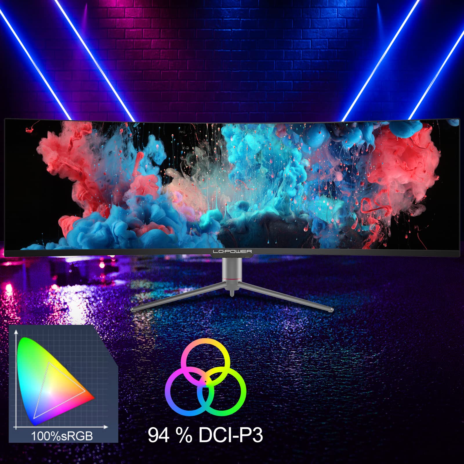 LC-Power Gaming Monitor 49", Curvo(1800R), Ultra Wide PC Monitor, 5120x1440, 32:9, VA, 120Hz, Adaptive Sync, HDMI 2.0, DP 1.4, Flicker Safe, GamePlus, PbP, Supporto Regolabile in Altezza, Nero
