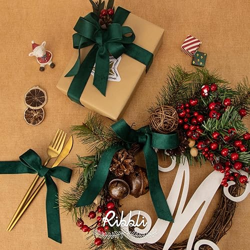 Miniatura 3 de Ribbli Cinta de terciopelo verde bosque, de doble cara, carrete de 1 pulgada y 10 yardas, cinta verde para adornos de árbol de Navidad, envoltura de