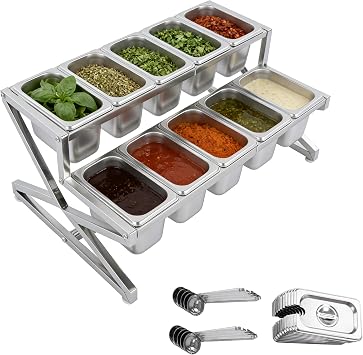 PERFERATE Pizza Topping Station - 2 Tier Stainless Steel Condiment Containers - Expandable Salad Bar Buffet Station with 10 1/9 Pans & Lids & Spoons for Ice Food, Sauce