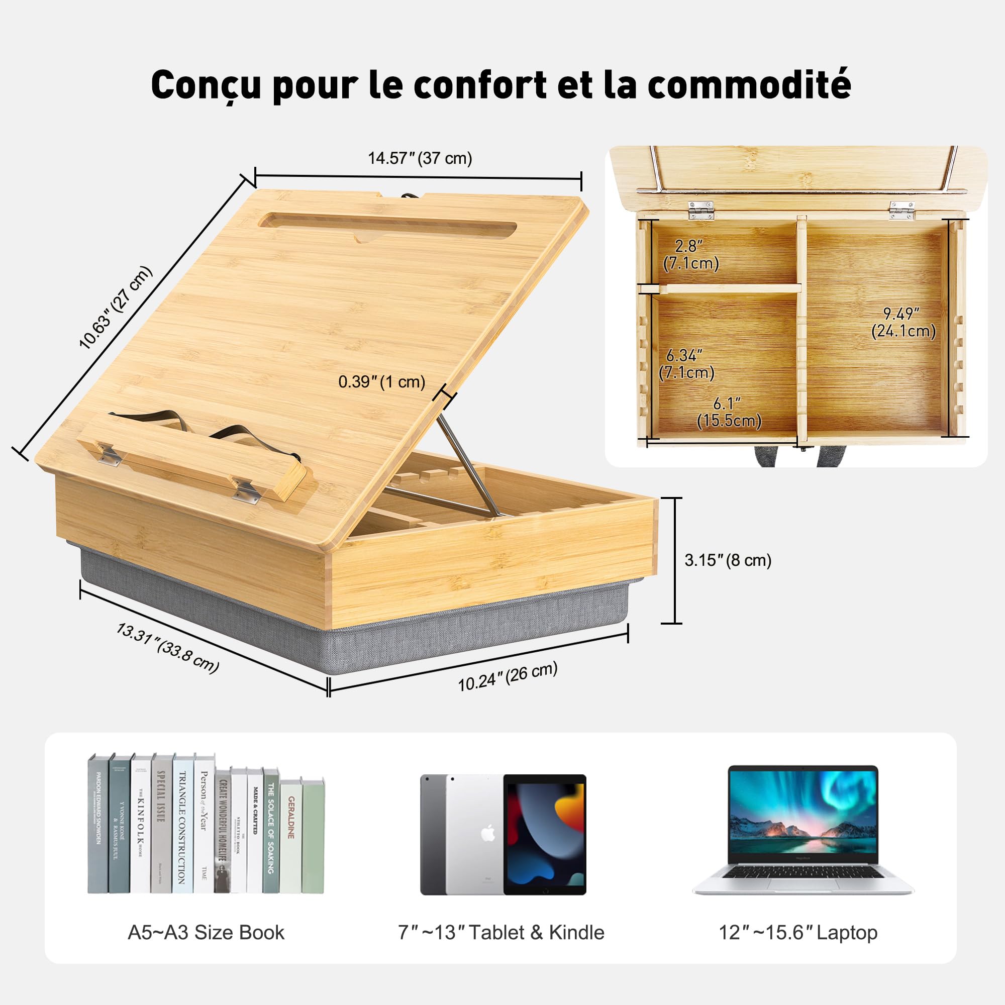 Bibliothèque AboveTEK avec rangement, étagère réglable en bambou avec genouillère souple, étagère à recettes, étagère de lecture mains libres pour lit, bureau et plan de travail