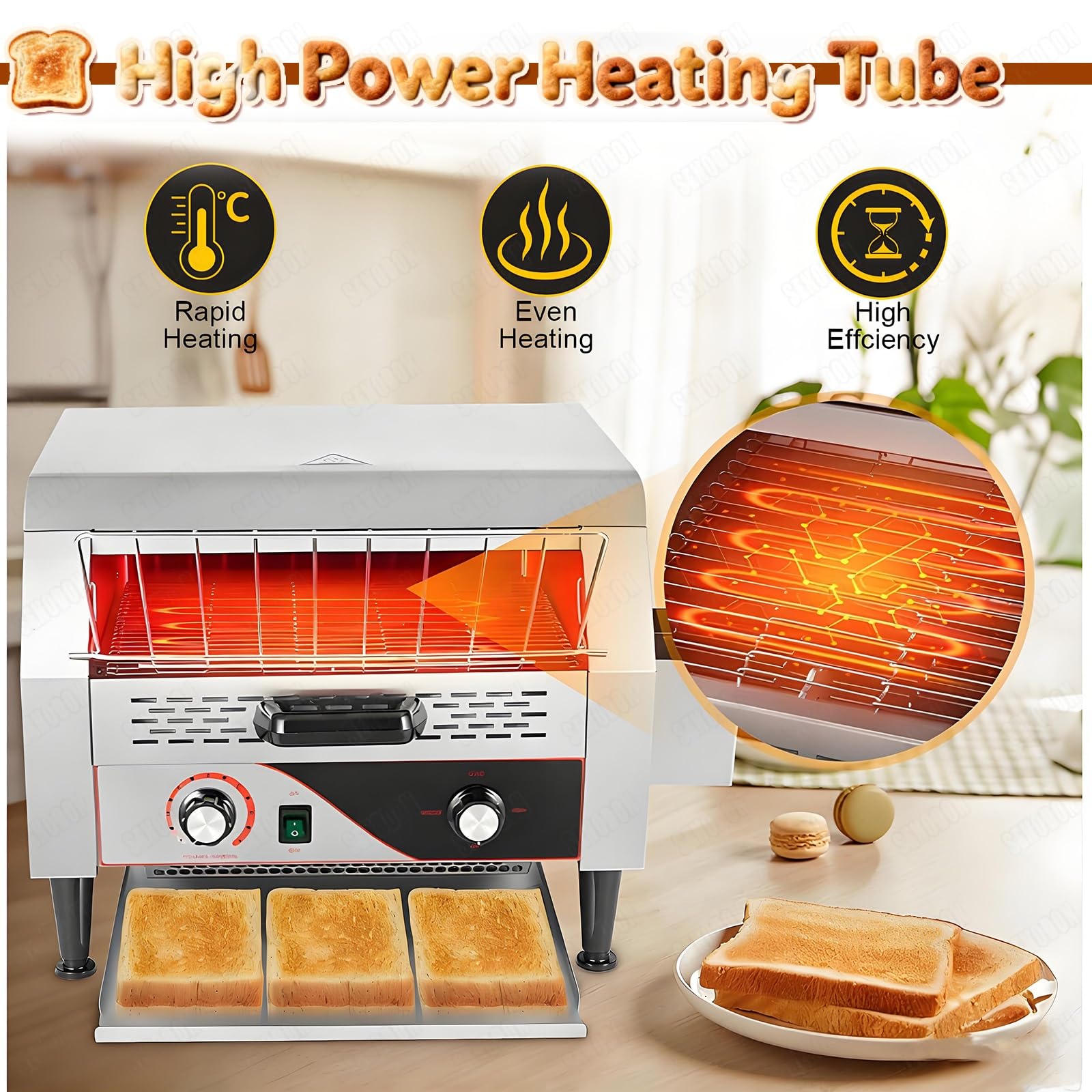 Tostapane professionale a nastro inox 150/300/450 fette/ora, 7 velocità regolabili, ideale per croissant, panetterie e caffetterie(150 Slices/H)